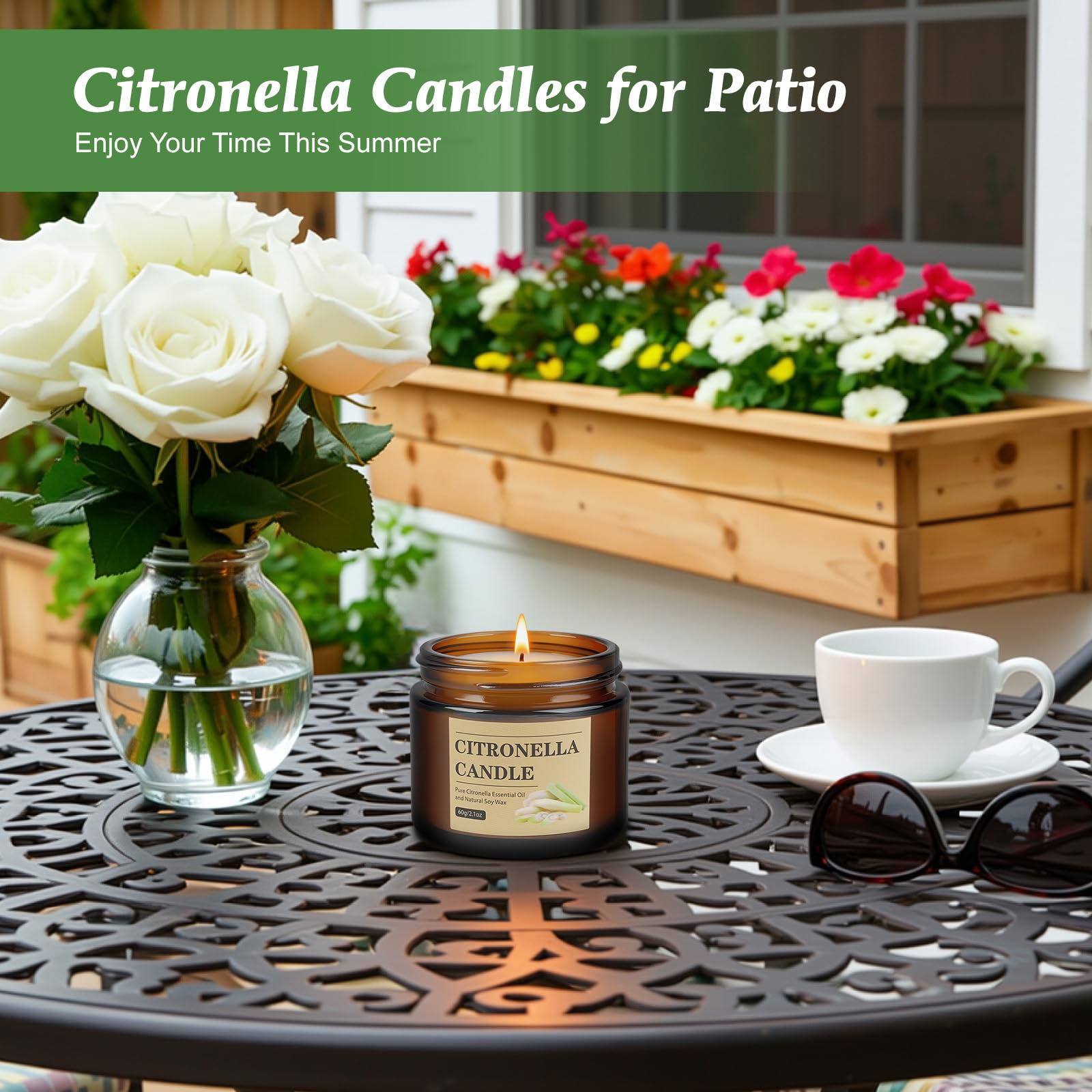 Lidded amber jar citronella candle for patio and camping