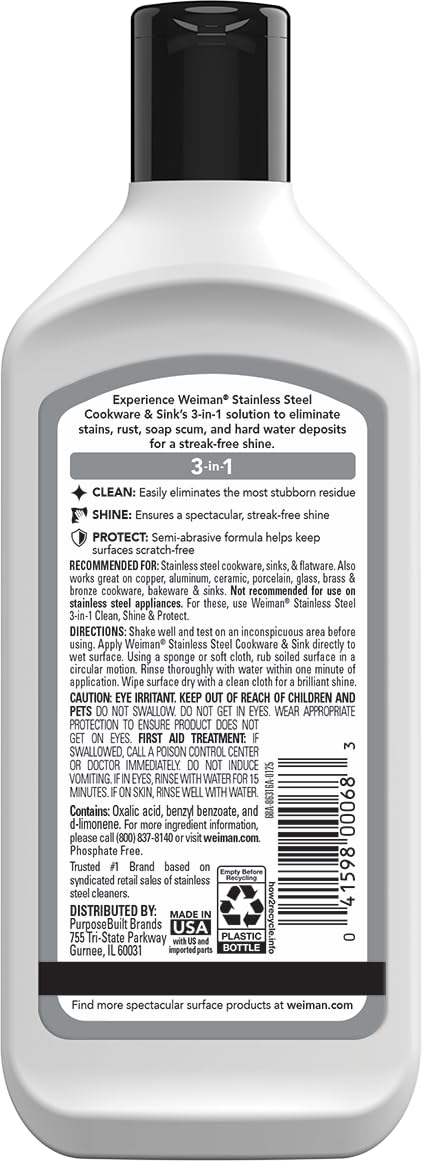Weiman stainless steel pots and pans cleaner label