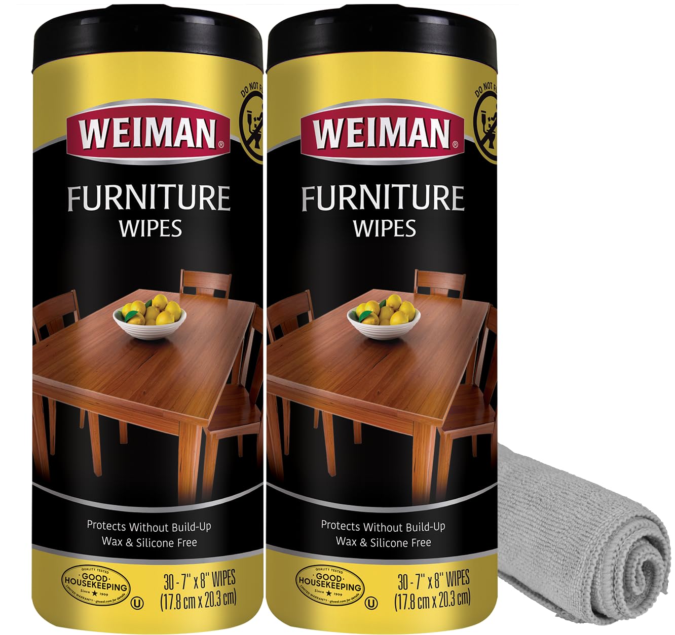 Weiman Wood Polish and Cleaning Wipes packaging showing 2-pack and microfiber cloth