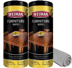 Weiman Wood Polish and Cleaning Wipes packaging showing 2-pack and microfiber cloth