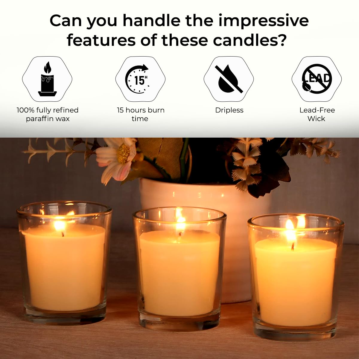 Smokeless dripless votive candle in glass holder