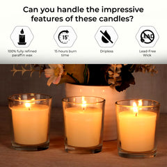 Smokeless dripless votive candle in glass holder