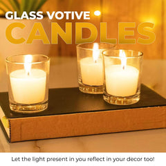 Hand poured white paraffin wax votives with glass cover 15 hour burn