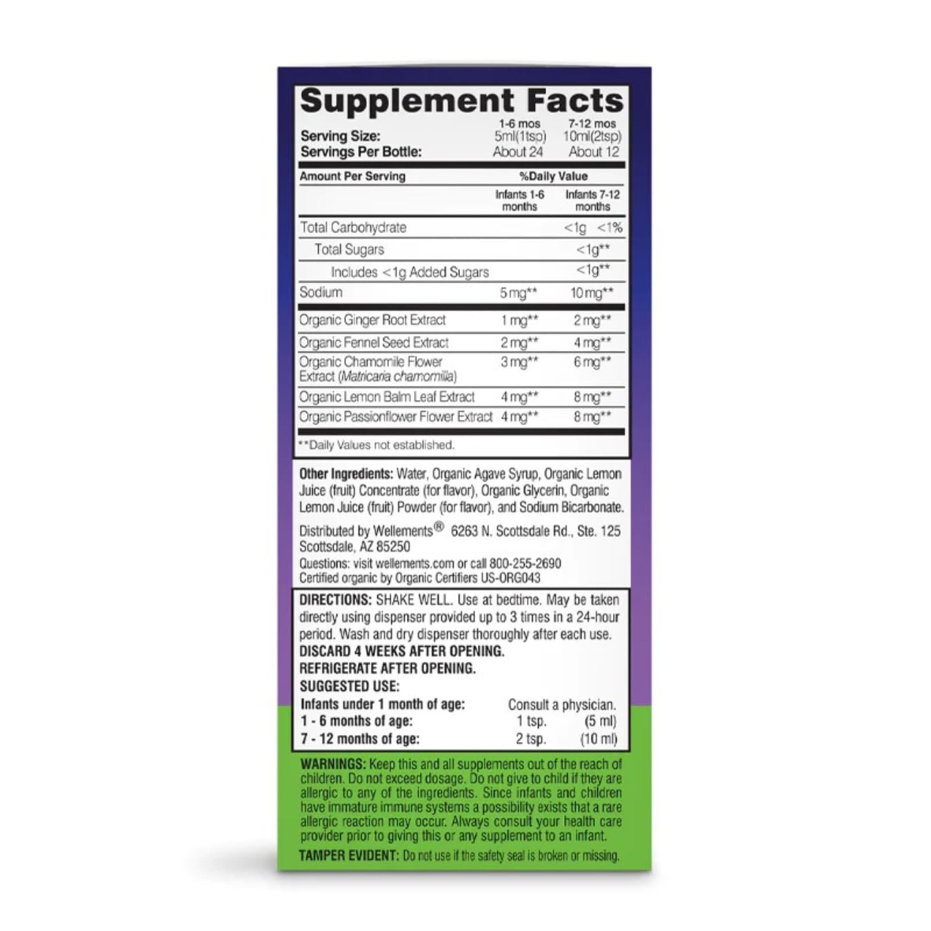 Wellements Organic Nighttime Gripe Water label with certifications