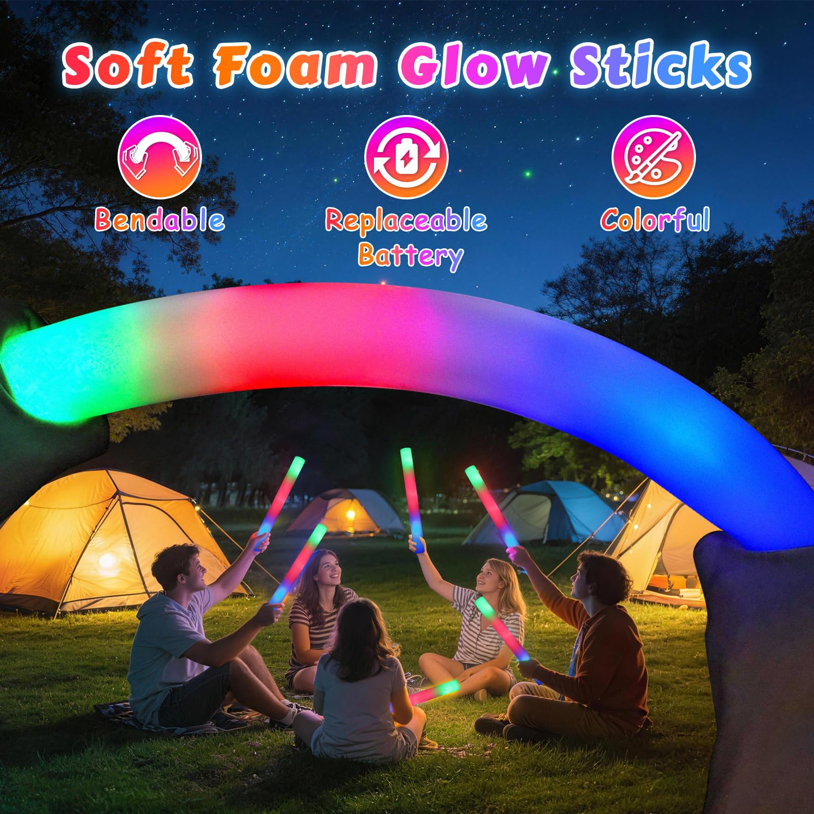 foam glow sticks close up showing three flashing modes