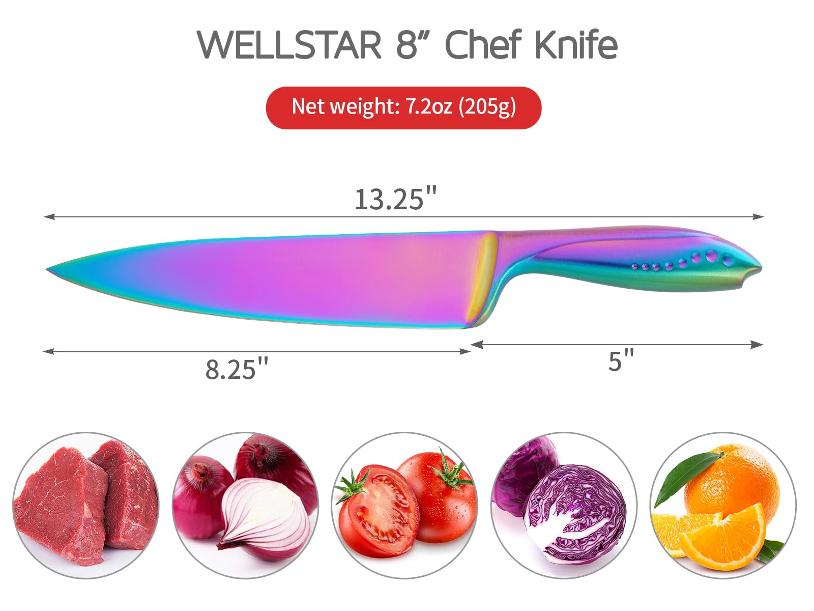 WELLSTAR chef knife with sheath rainbow coating close up