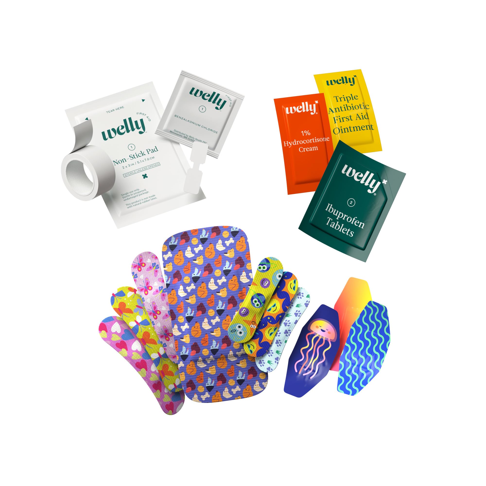 10 butterfly strips and 5 non-stick pads from Welly First Aid Kit