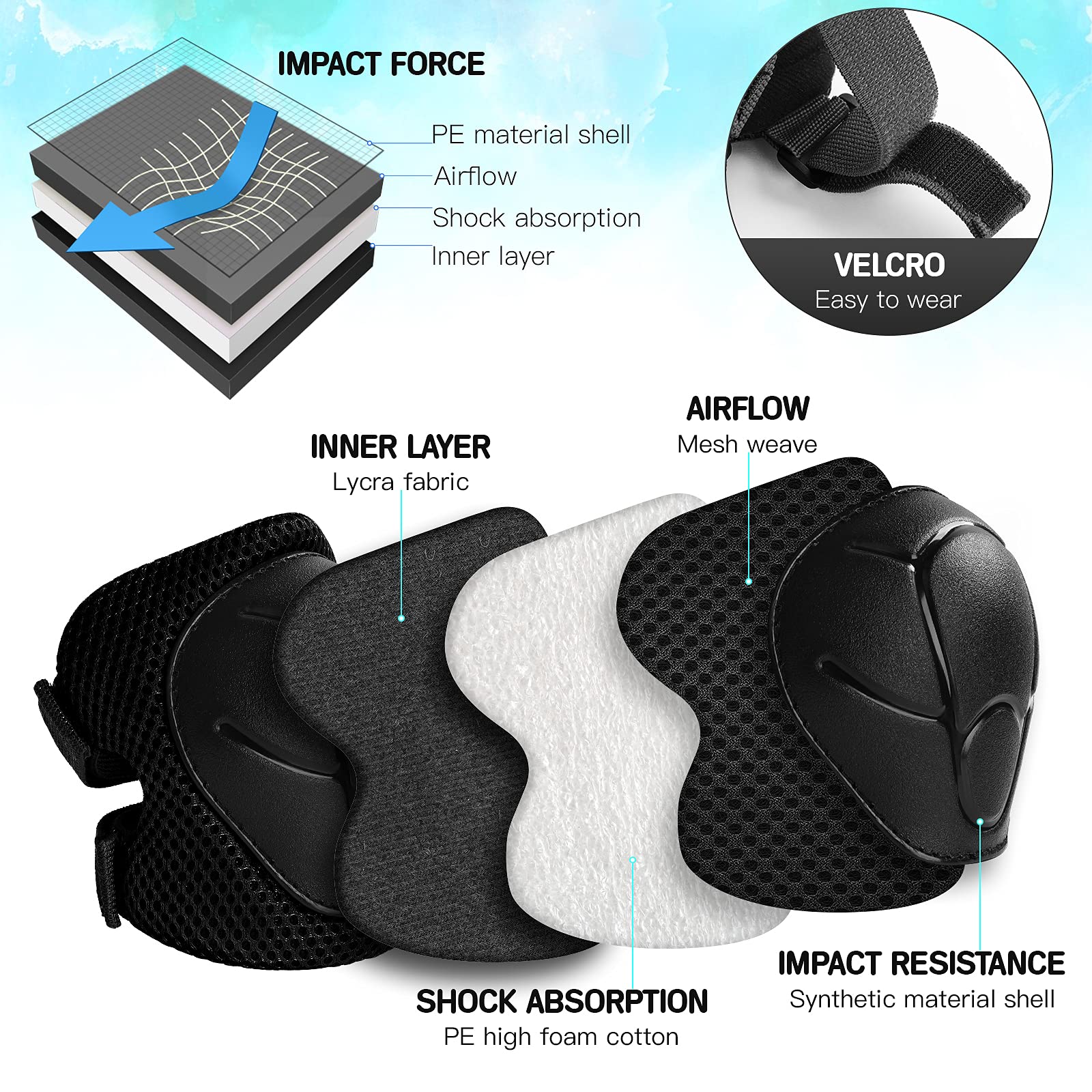 Size M Wemfg knee elbow wrist pads suitable for ages 7-13
