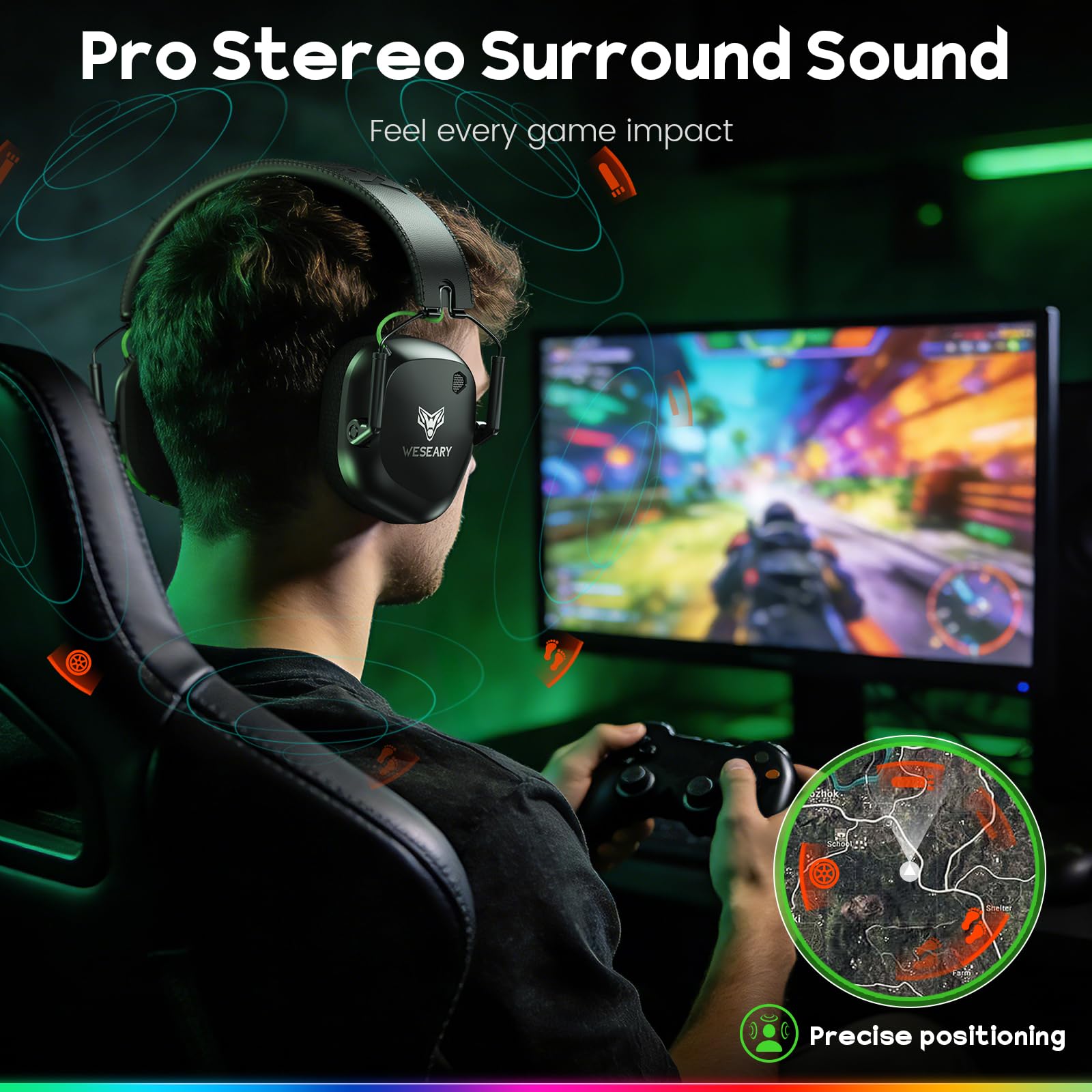 WESEARY headset with 2.4GHz USB dongle for low latency gaming
