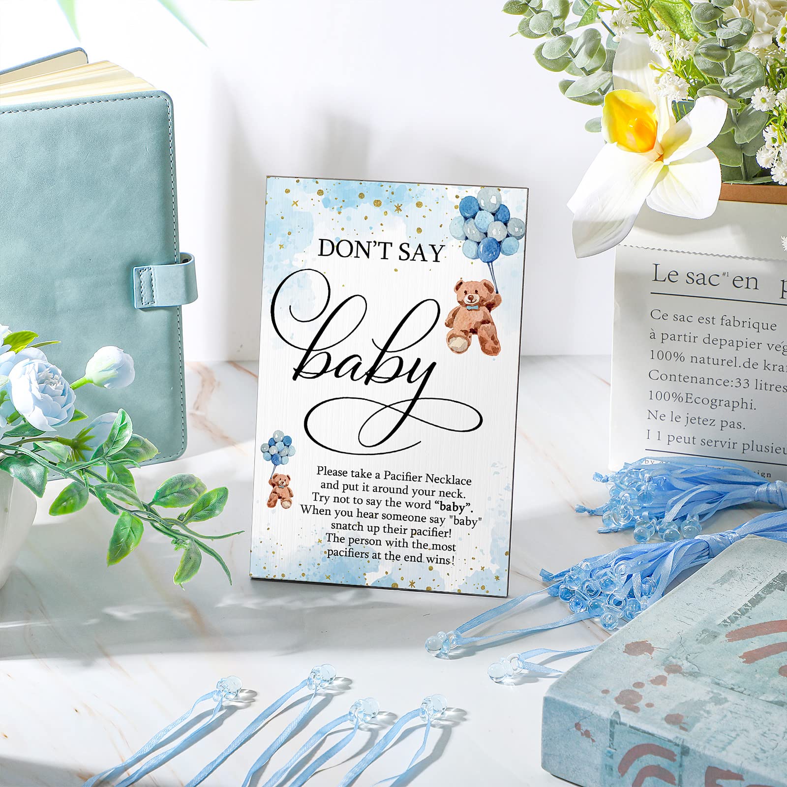 Wesiti blue bear themed baby shower decor pacifier necklaces