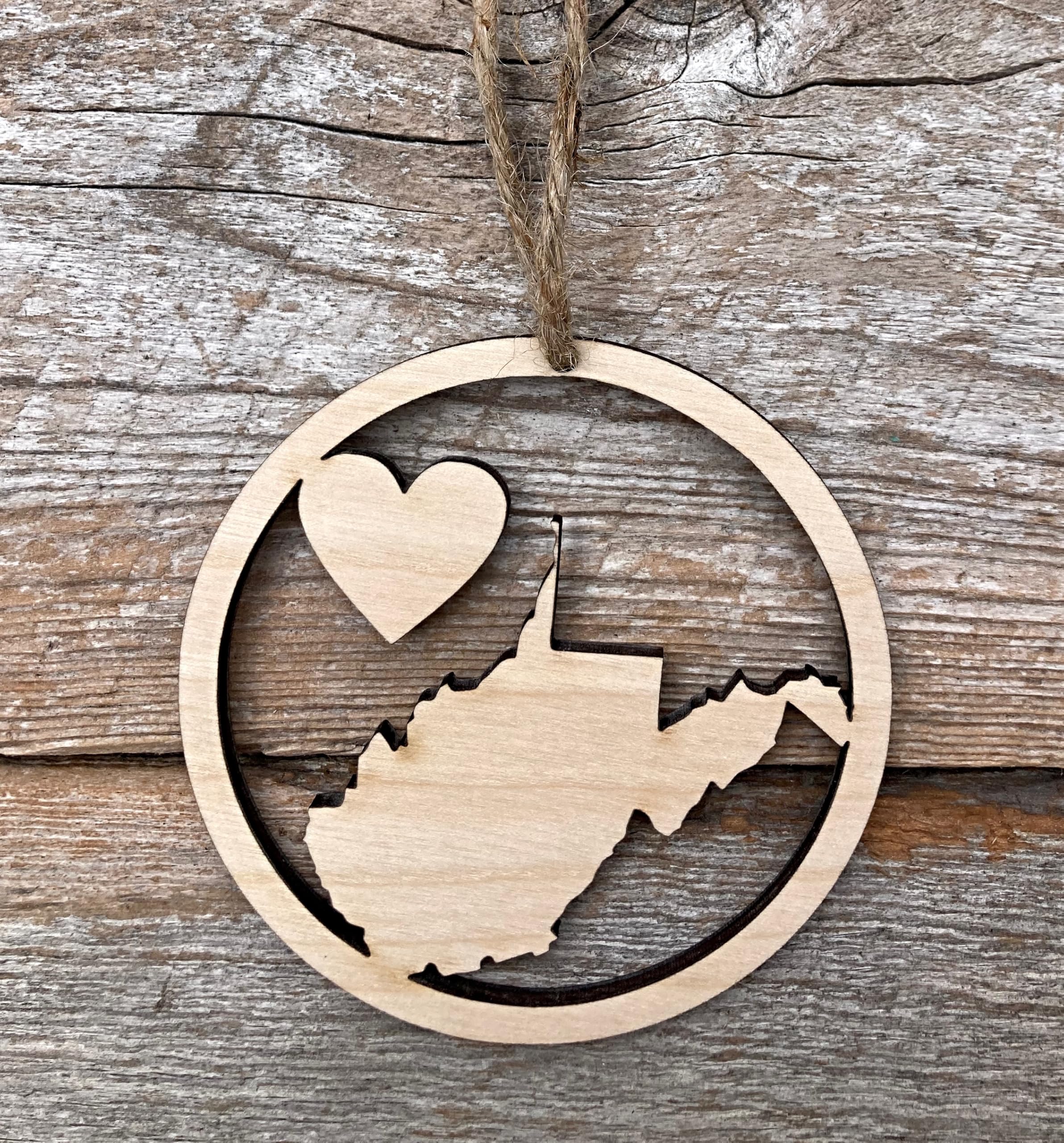 West Virginia Love ornament ready to hang display