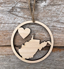 West Virginia Love ornament ready to hang display