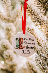 Ceramic round ornament with red hanging string