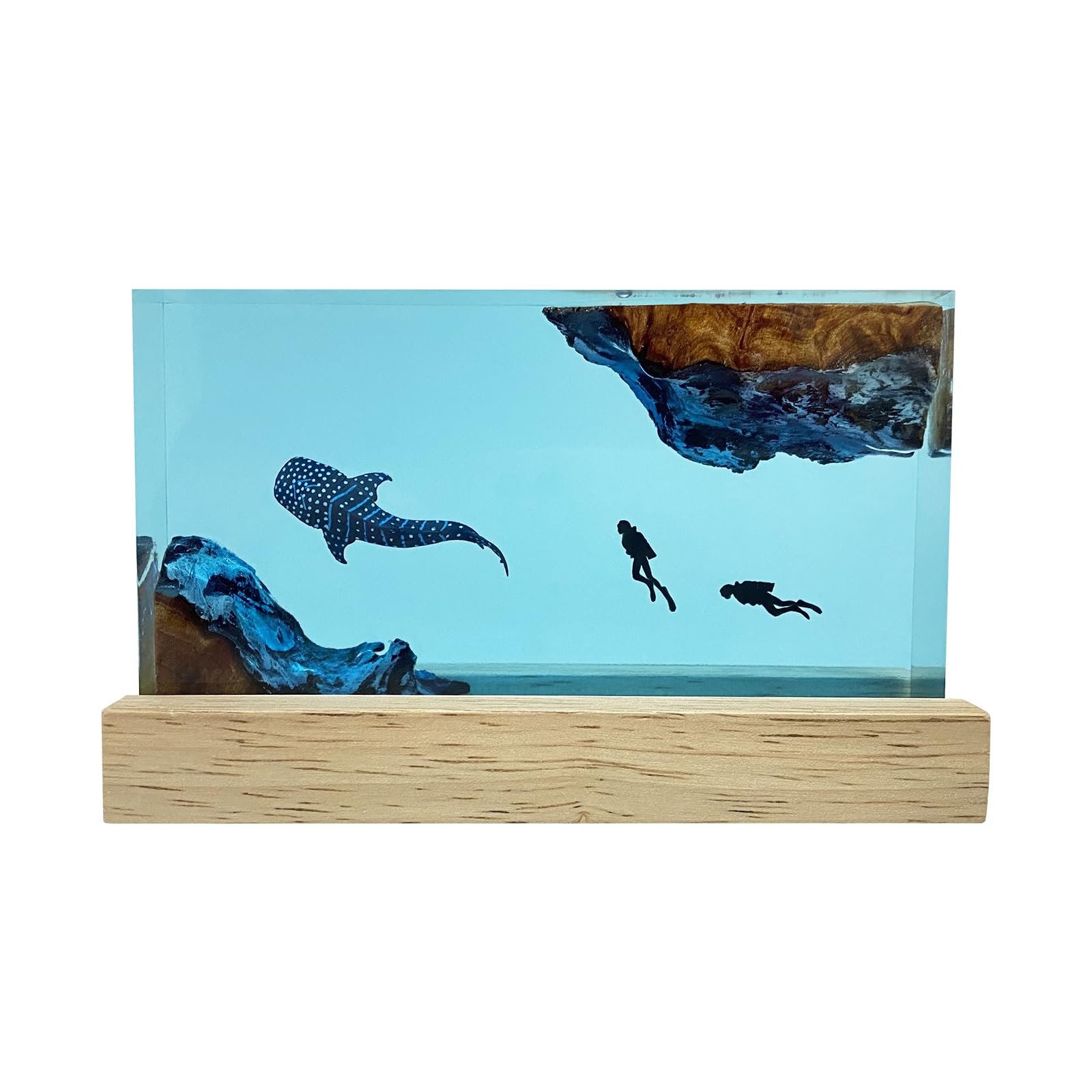 Whale shark and divers night light scene in resin and wood