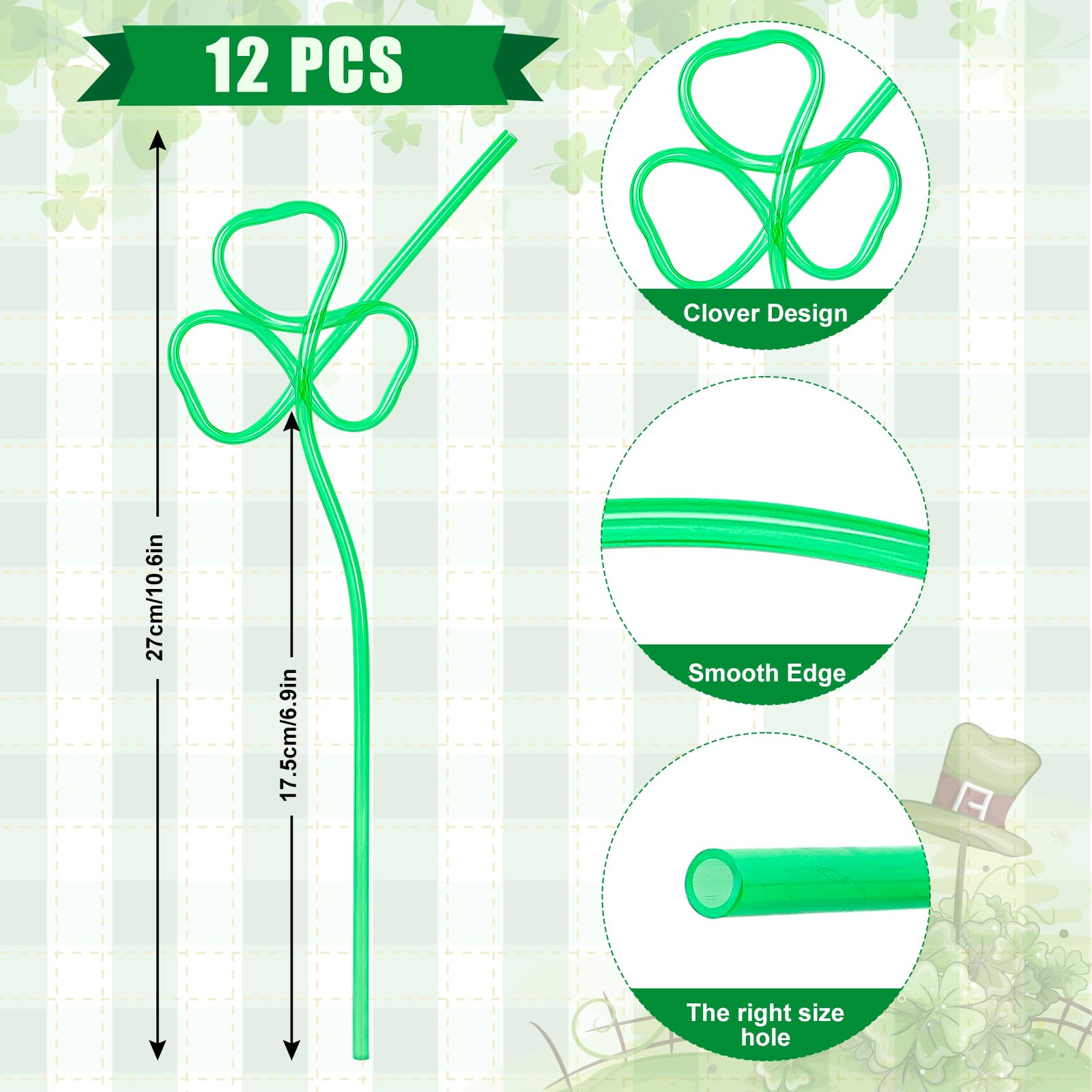 Whaline 12 pack reusable plastic straw PETG green shamrock