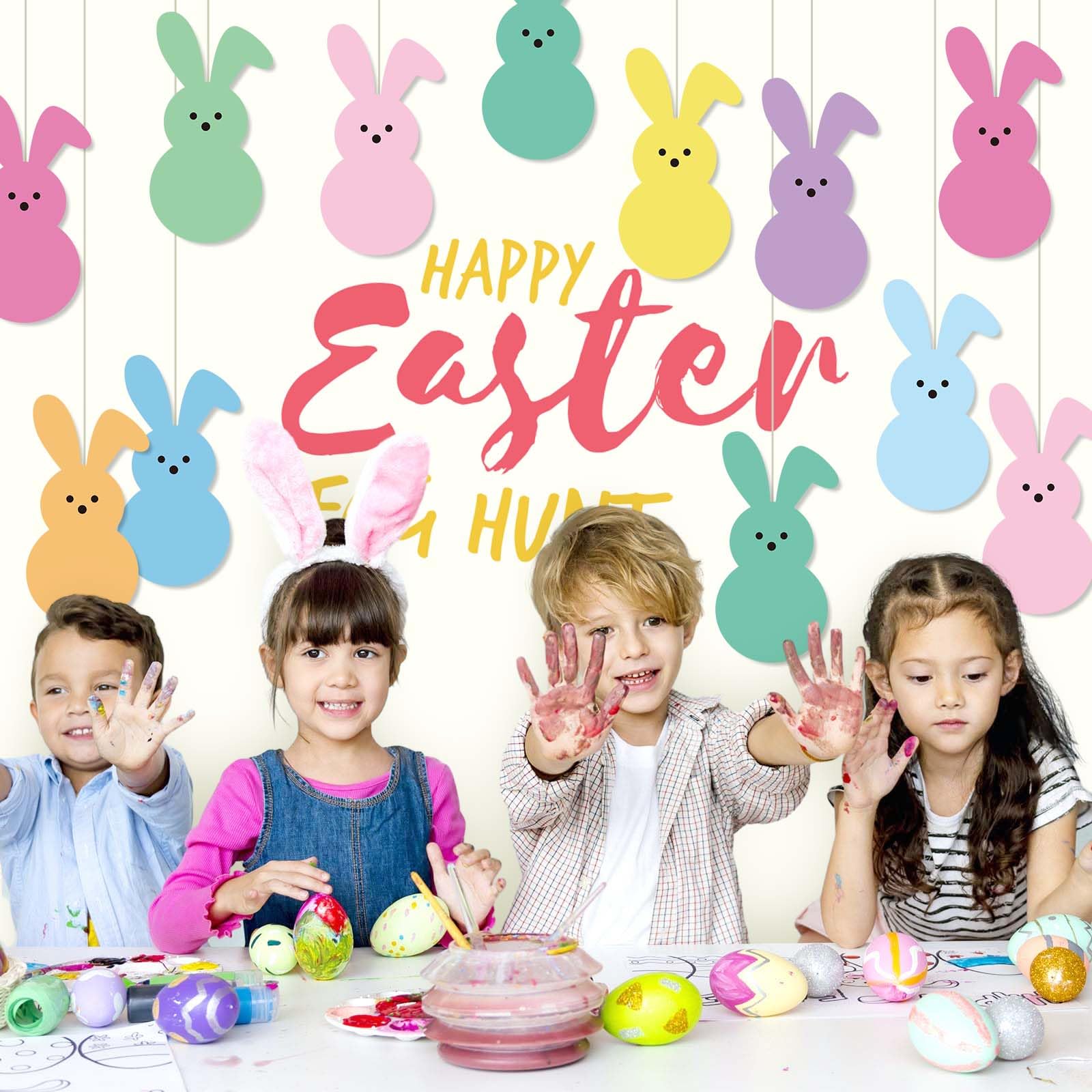 Easter decor with Whaline bunny cutouts for classroom or party