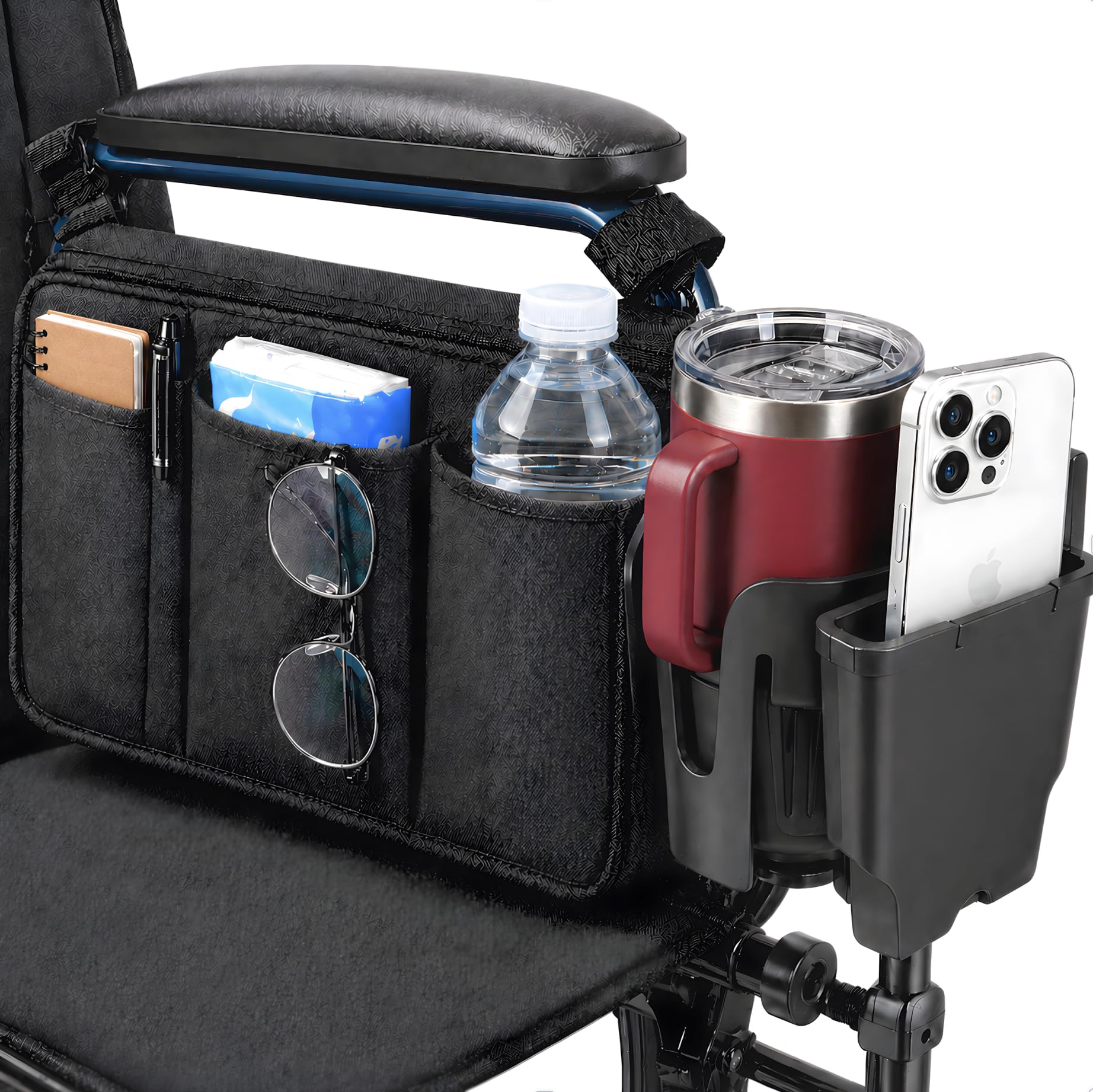 Wheelchair cup holder attached to wheelchair with bag