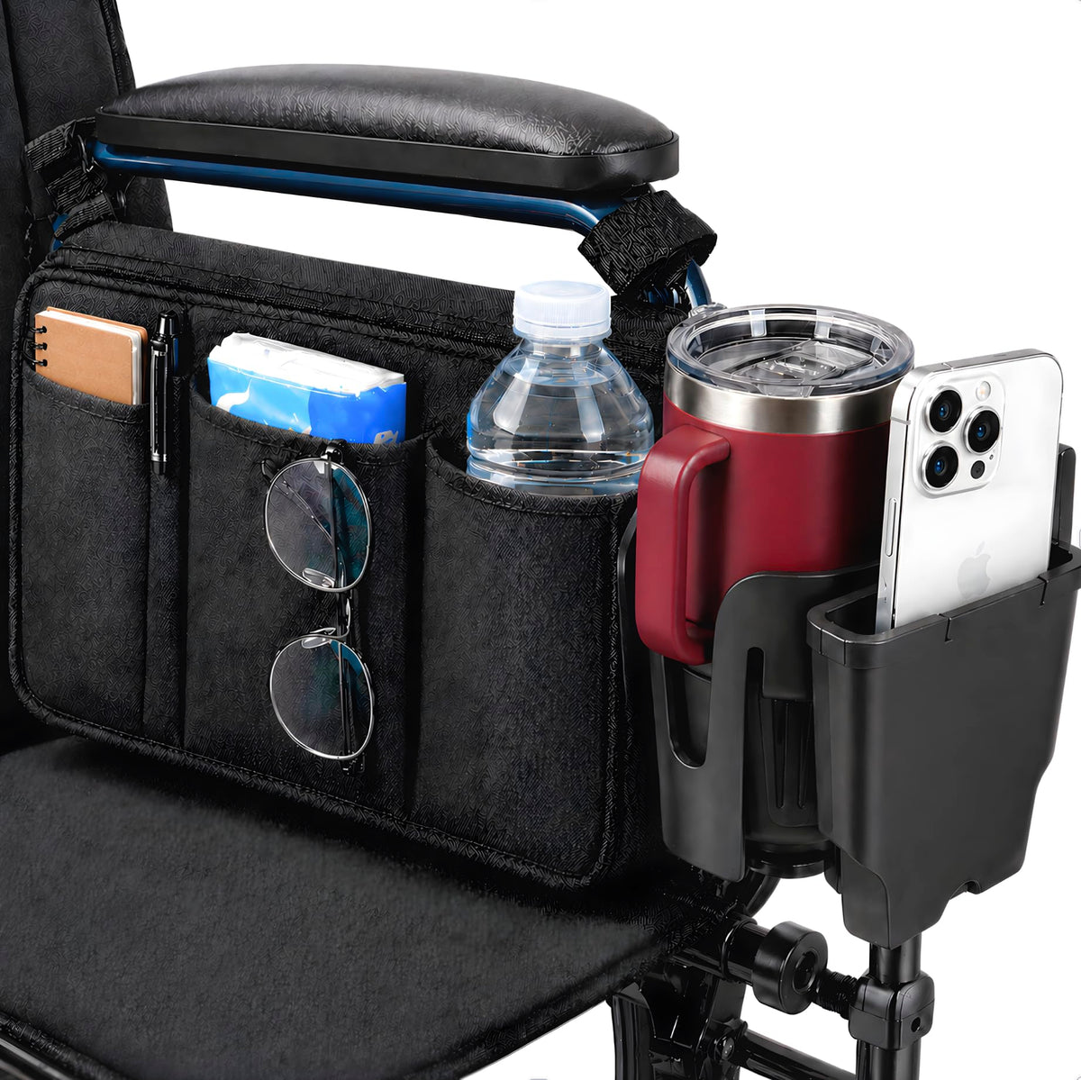 Wheelchair cup holder attached to wheelchair with bag