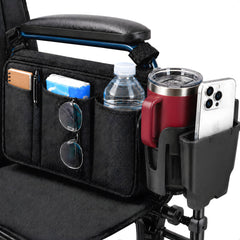 Wheelchair cup holder attached to wheelchair with bag