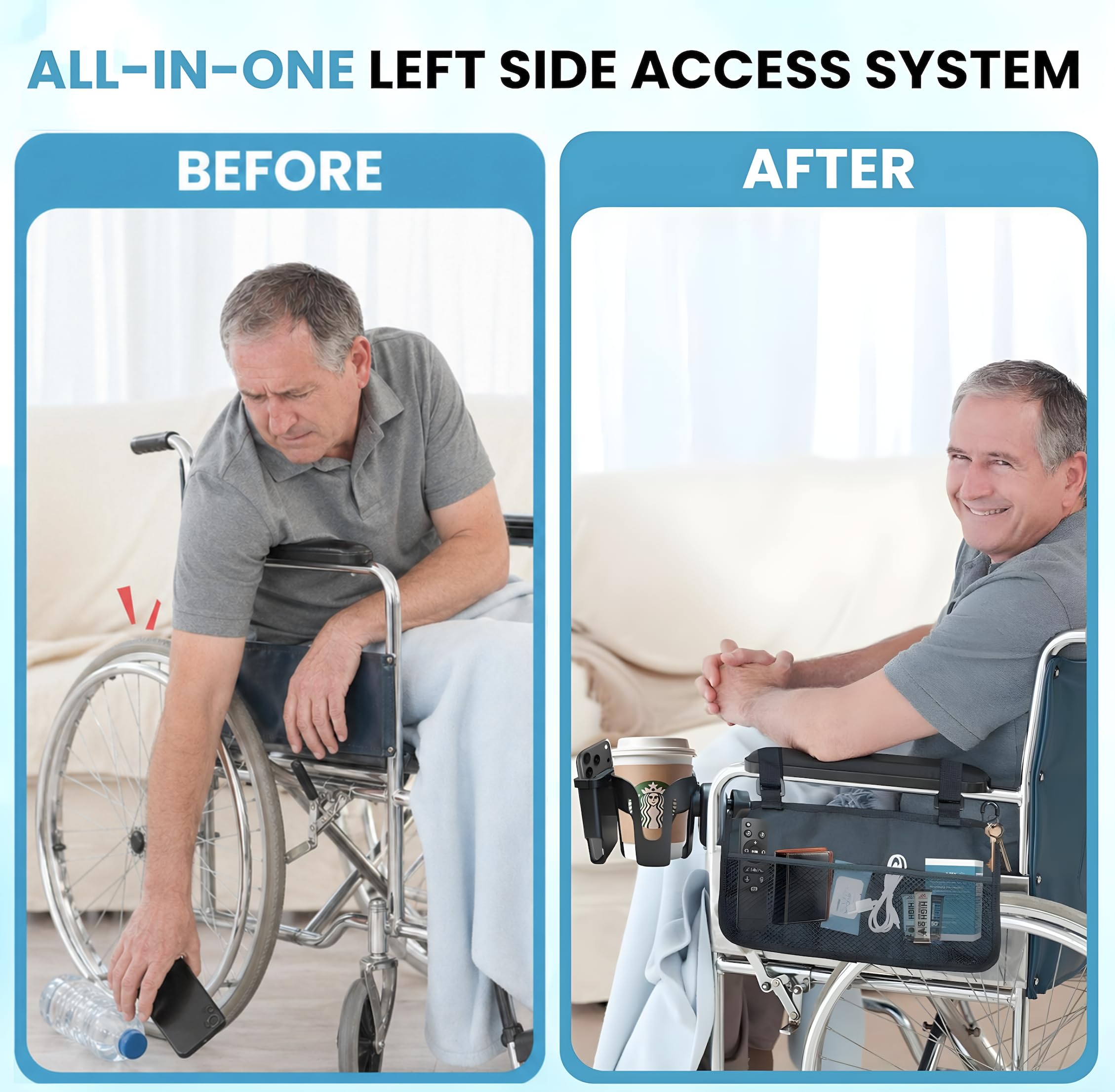Wheelchair side bag with multiple pockets