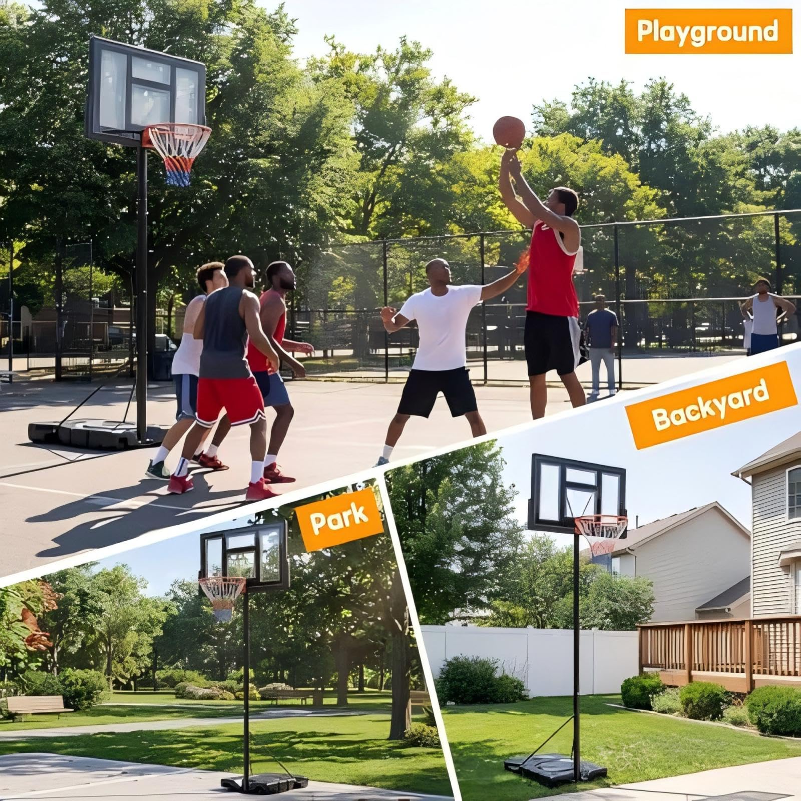 Hoop features wheels for easy movement in yard