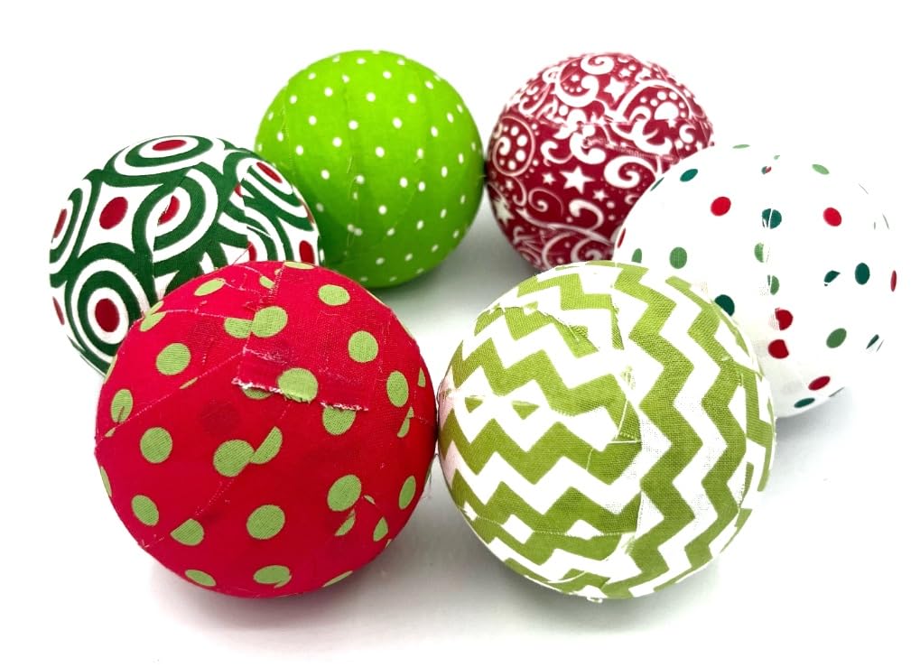 Whimsical Holiday Fabric Wrapped Ornament Balls set of 6 3 inch lime green red white colors