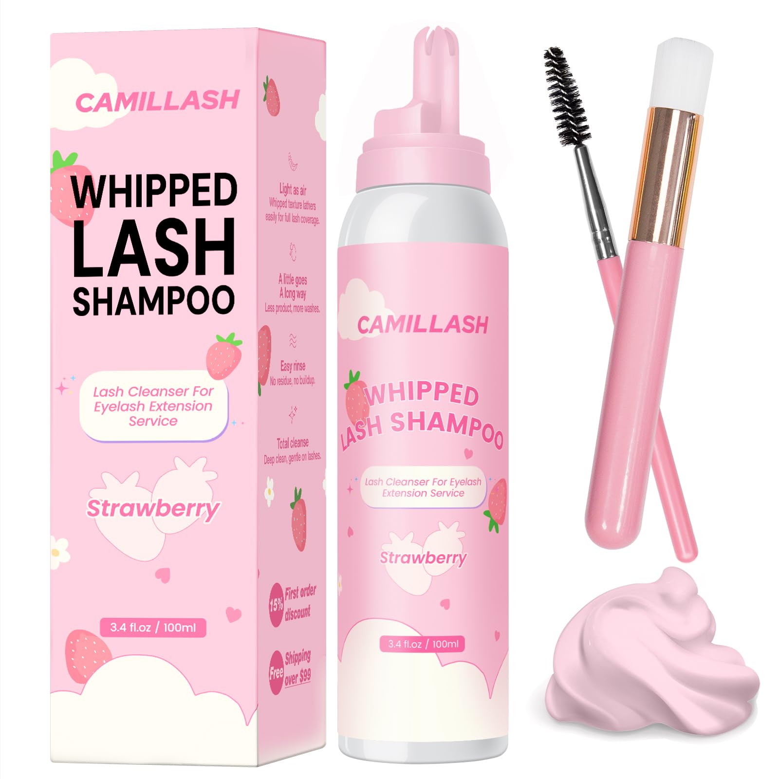 Camillash whipped lash cream shampoo foam cleanser bottle 100ml strawberry pink