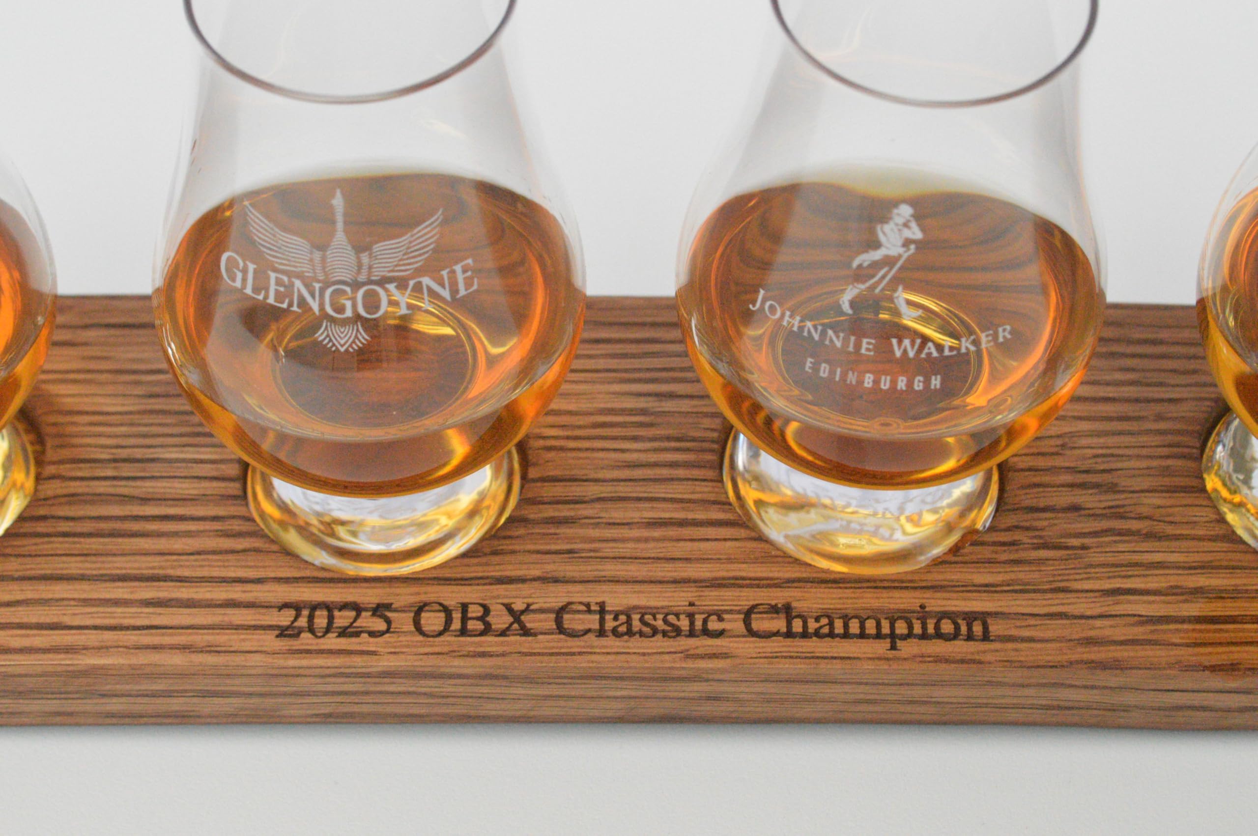 Whiskey flight board configured for 3 to 5 glasses
