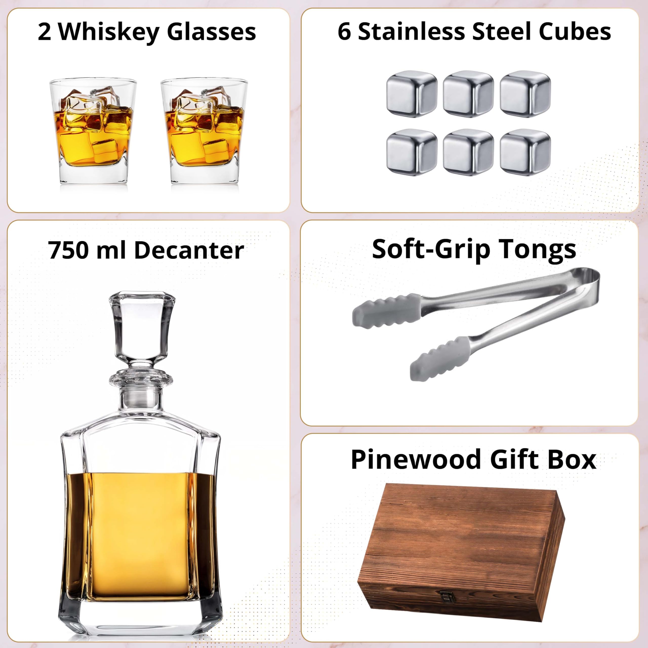 Whiskey stones and tongs included with decanter set