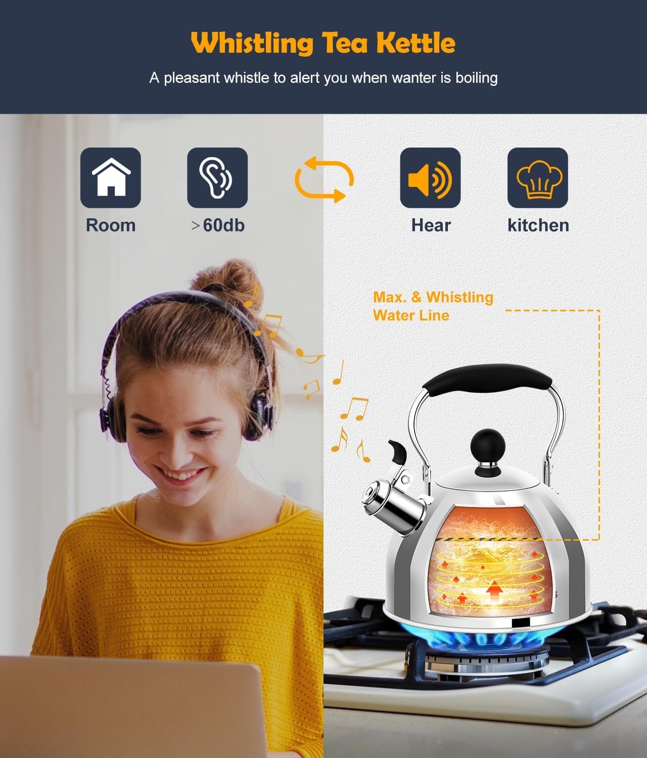 Stovetop whistling tea kettle in silver