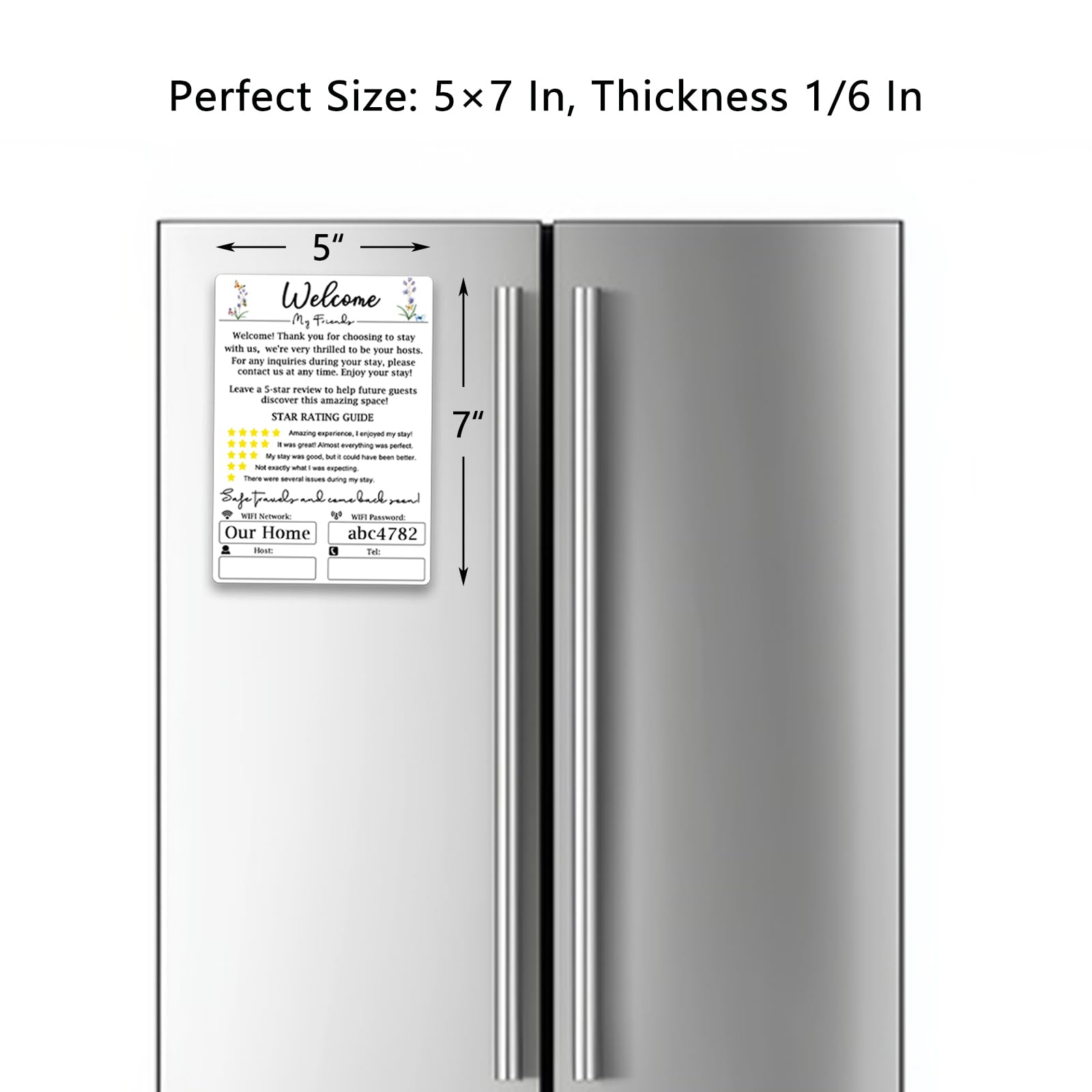 5x7 white acrylic fridge magnet sign mounted on a fridge