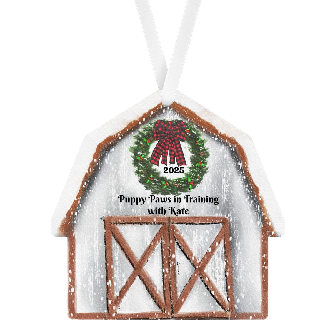 White Barn personalized Christmas ornament front view