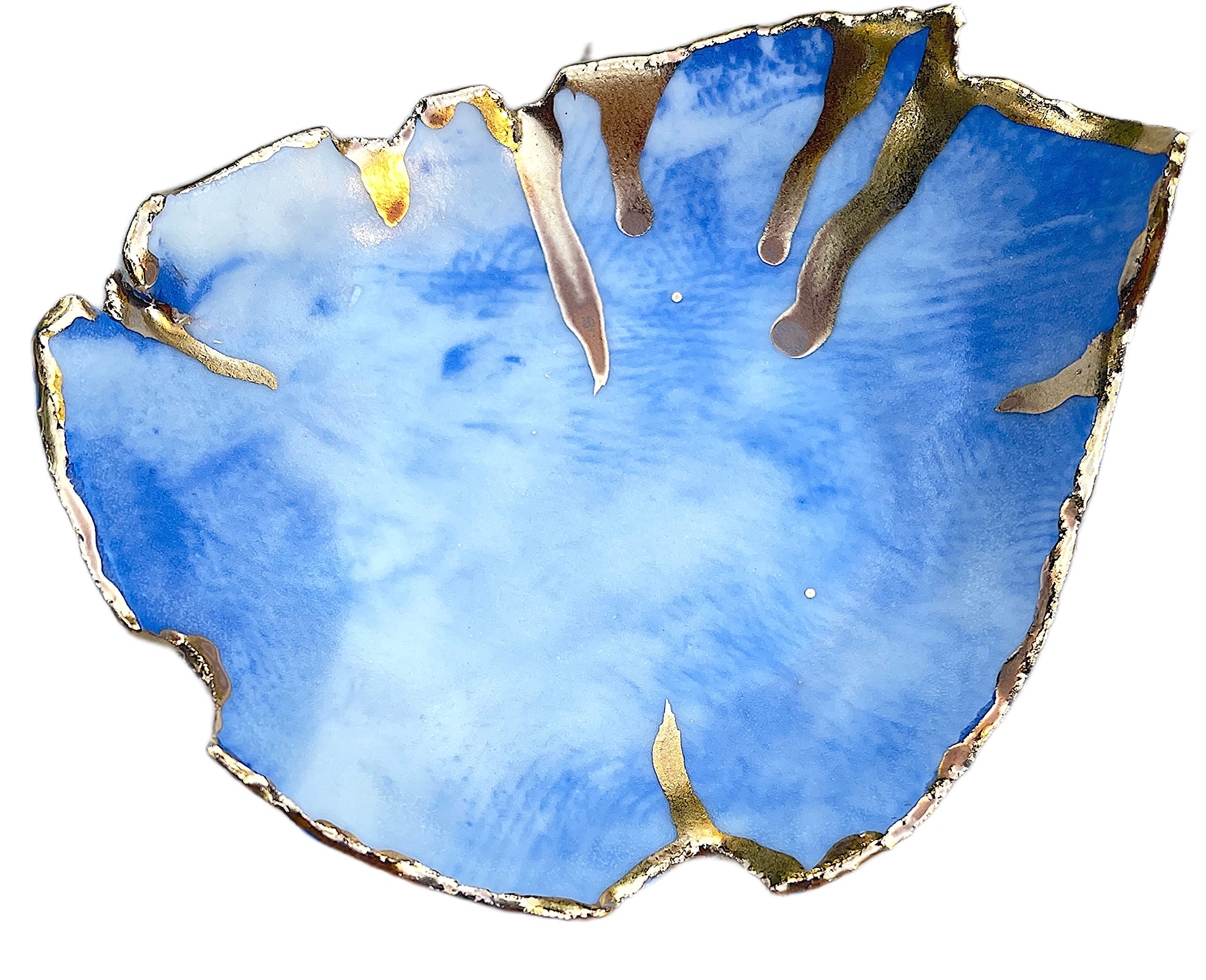 White blue and gold marbled ceramic ring dish close up