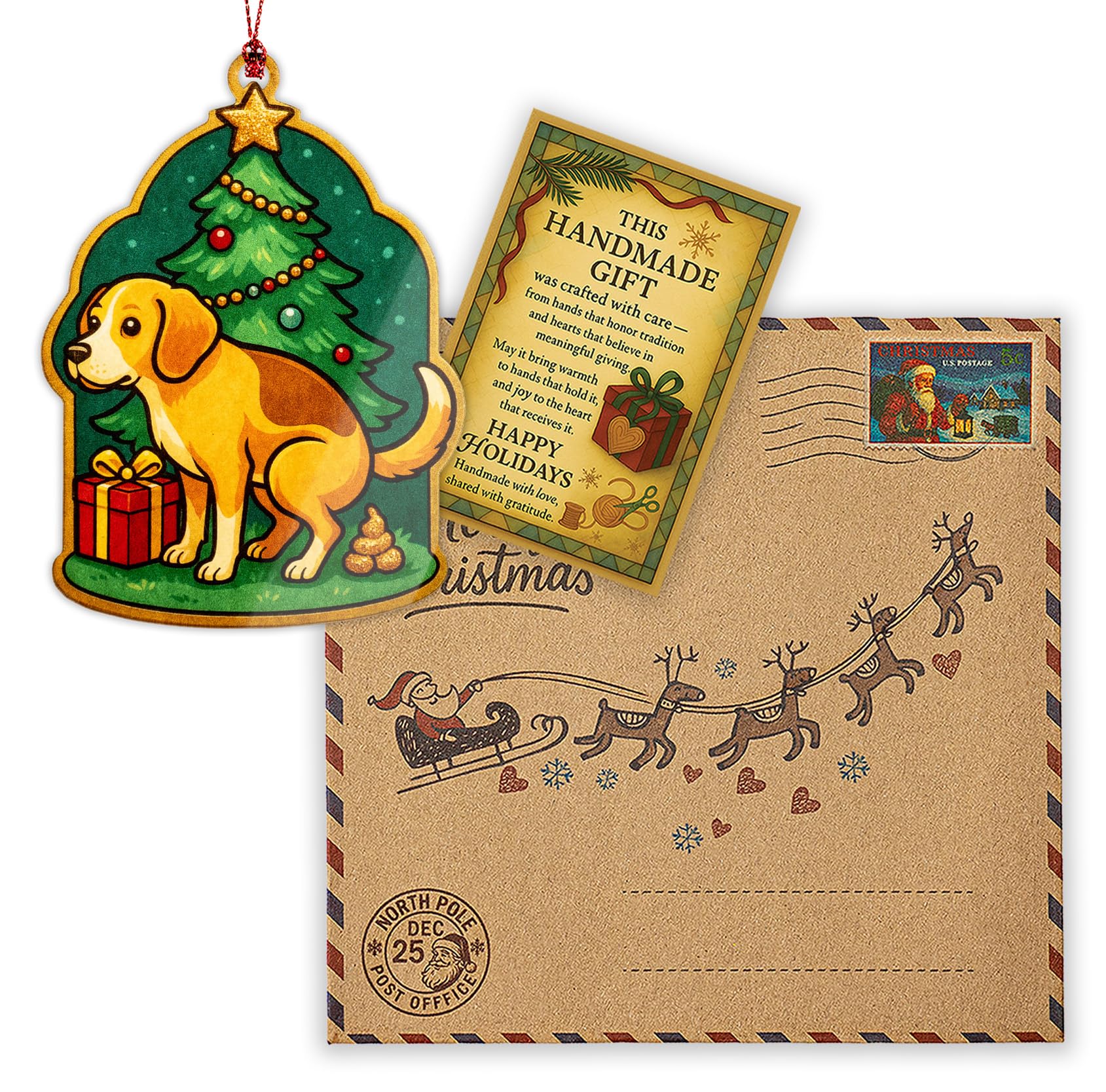 White Elephant ornament with story card packaging image