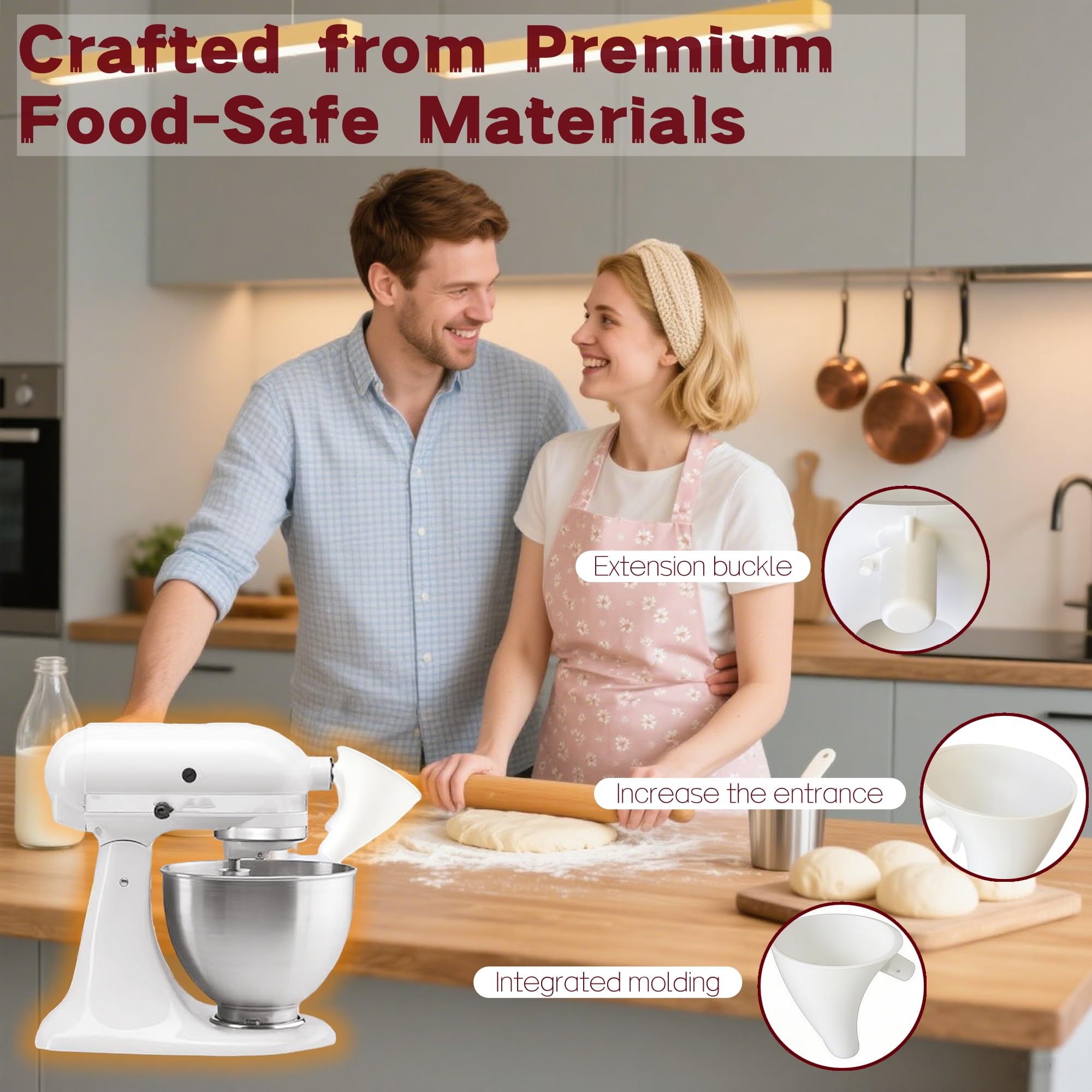 Wide base and secure clip stabilizing the funnel in the mixer's bowl