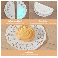 White lace paper doilies used on dessert trays