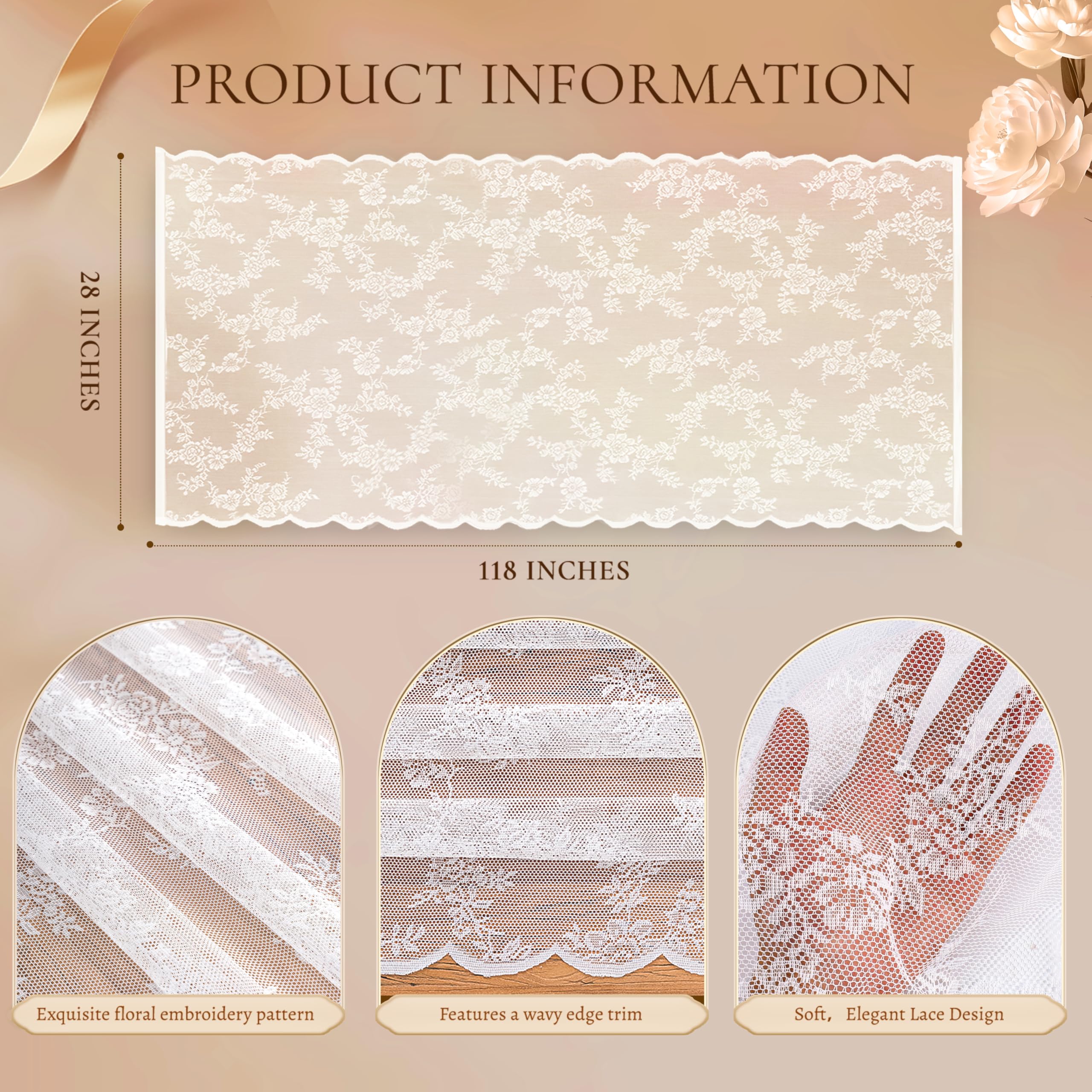 Machine washable table runner in white lace