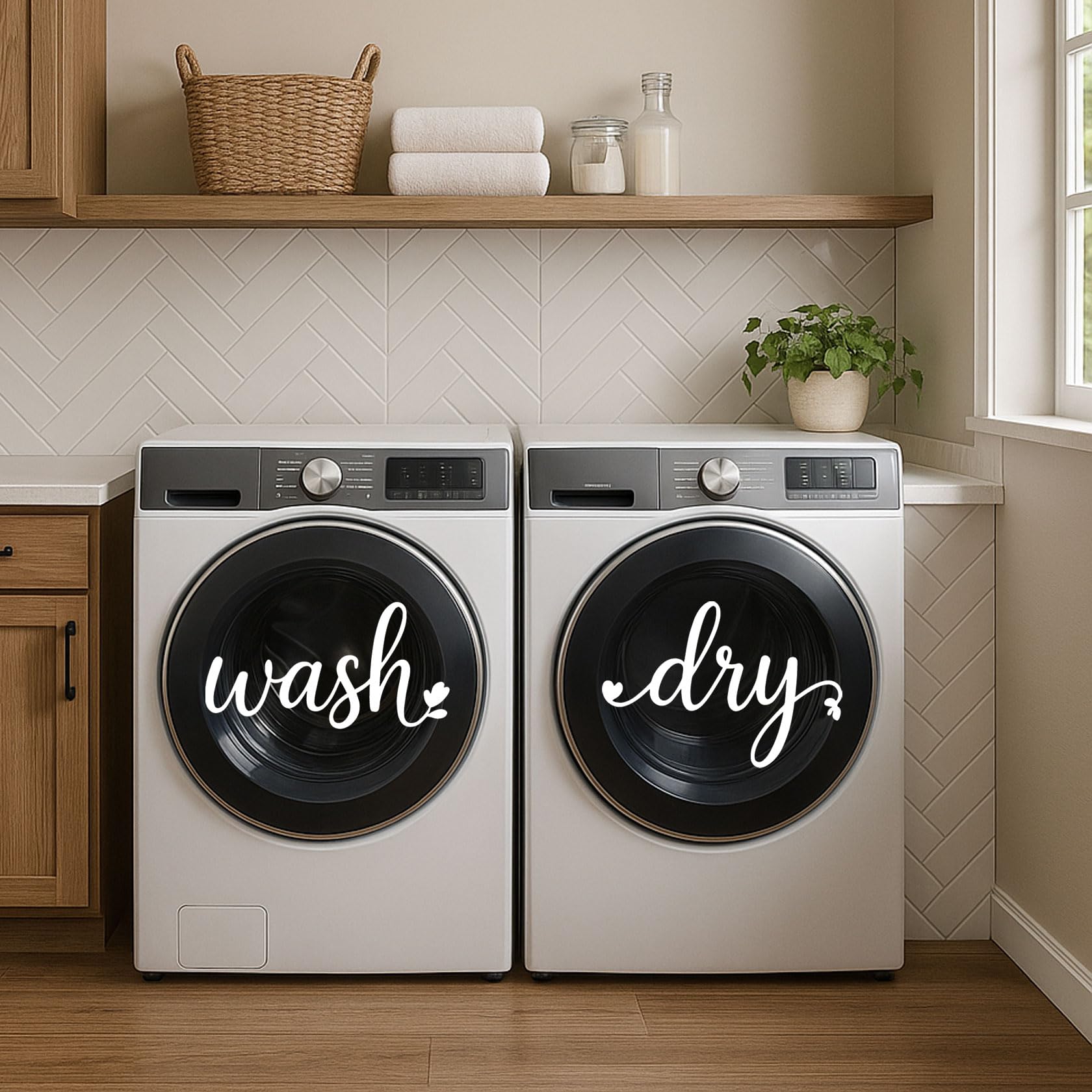 White vinyl decals labeled WASH and DRY for washing machines and dryers