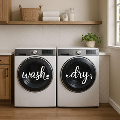 White vinyl decals labeled WASH and DRY for washing machines and dryers