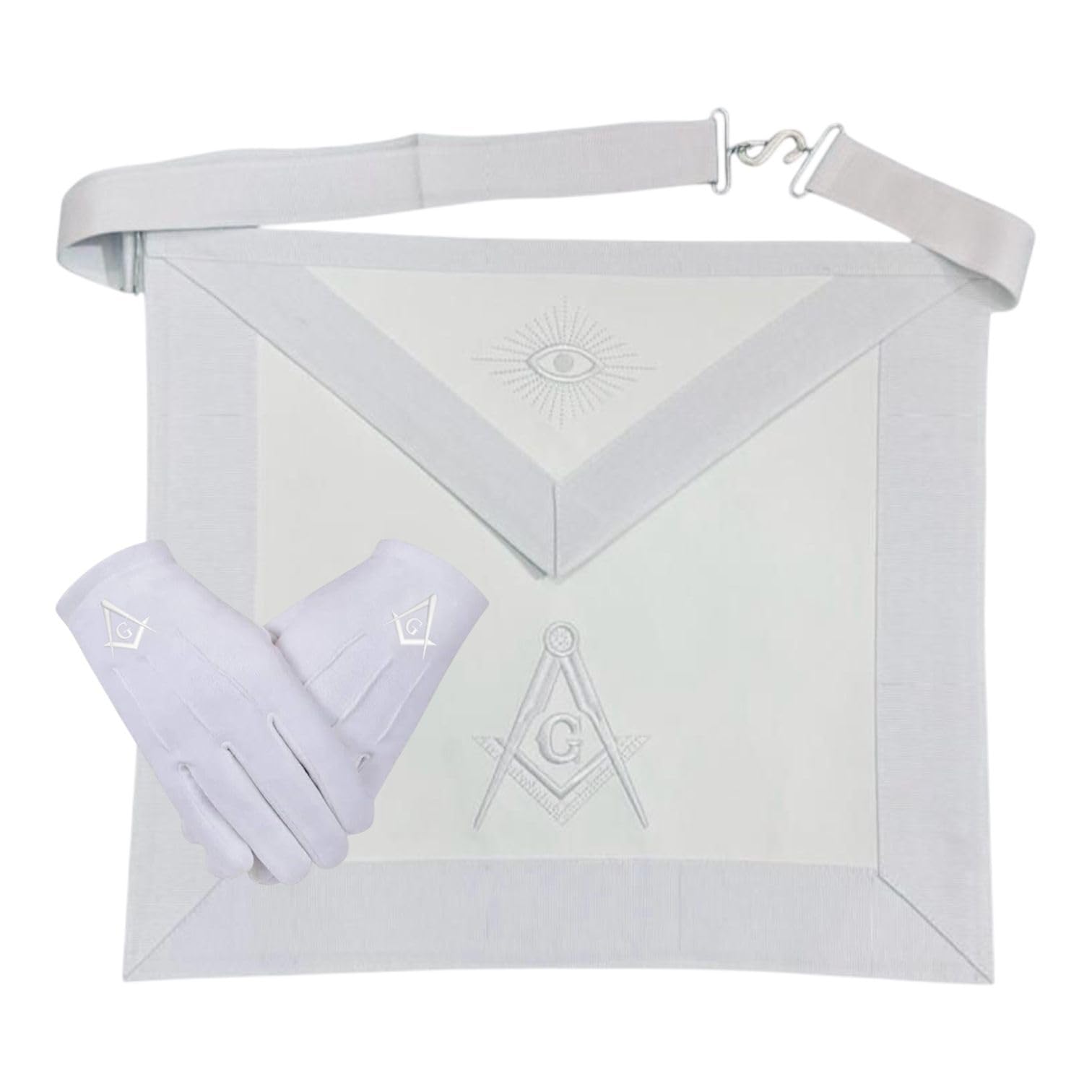 White Masonic apron with Square and Compass embroidery