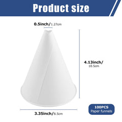 paper funnel with top diameter 8.5cm bottom diameter 1.27cm height 10.5cm