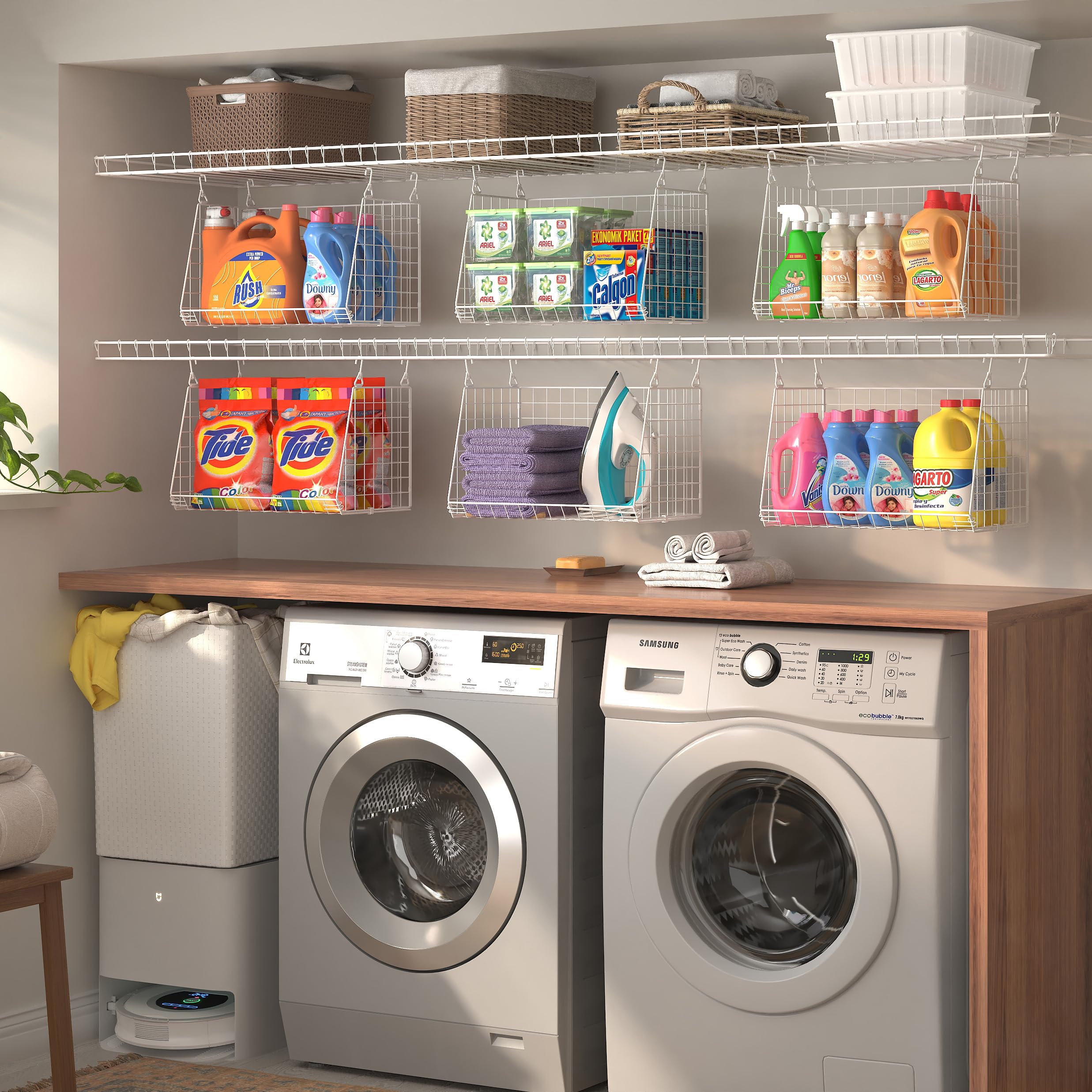 Vertical space saving design for laundry room shelf storage
