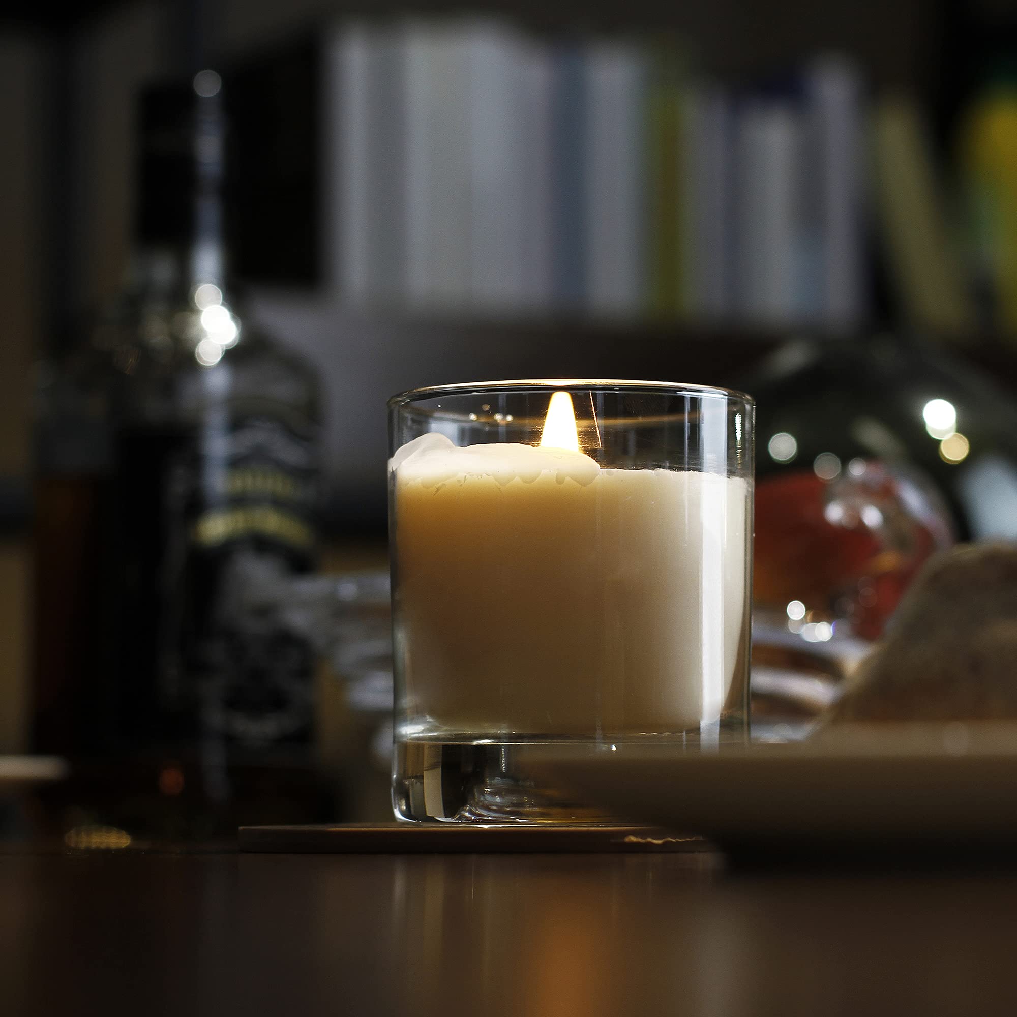 White pillar candle in 10oz old-fashioned whiskey glass