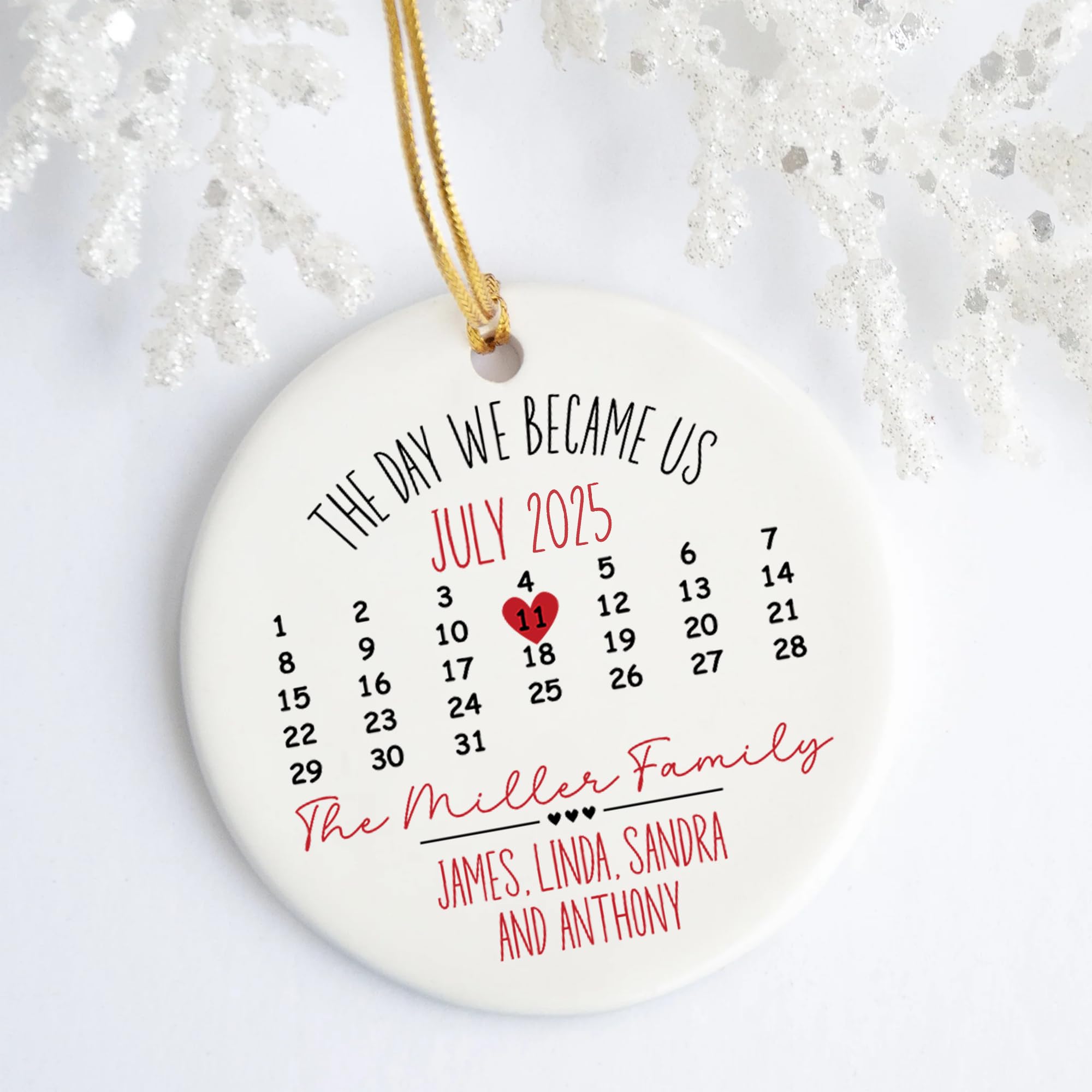 White porcelain adoption ornament ready to hang
