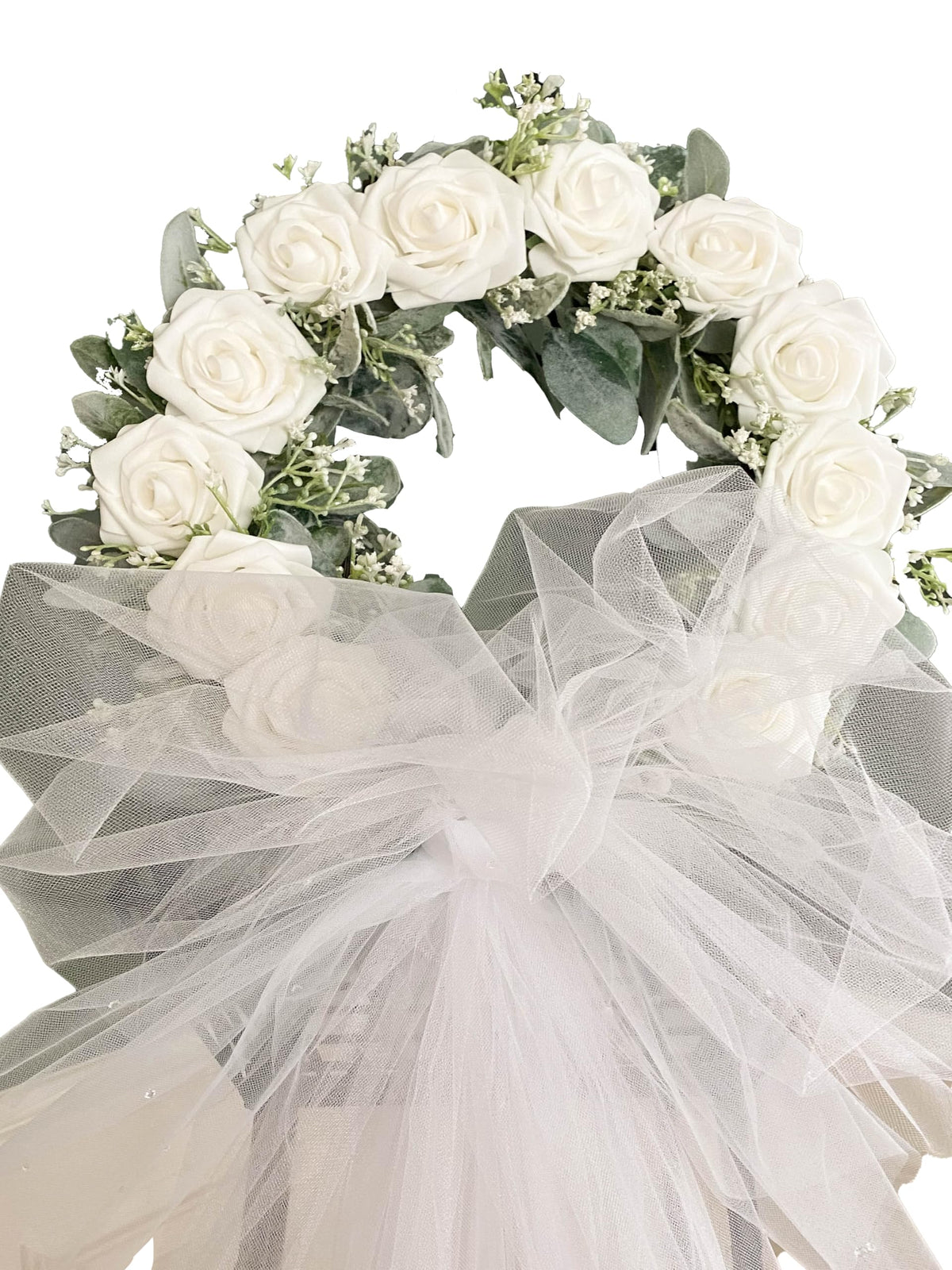 White Roses and Lambs Ear Veil Wedding Wreath with 12 white foam roses on lambs ear