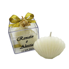 White seashell shaped candle wedding favor bulk set size 1.96 inches