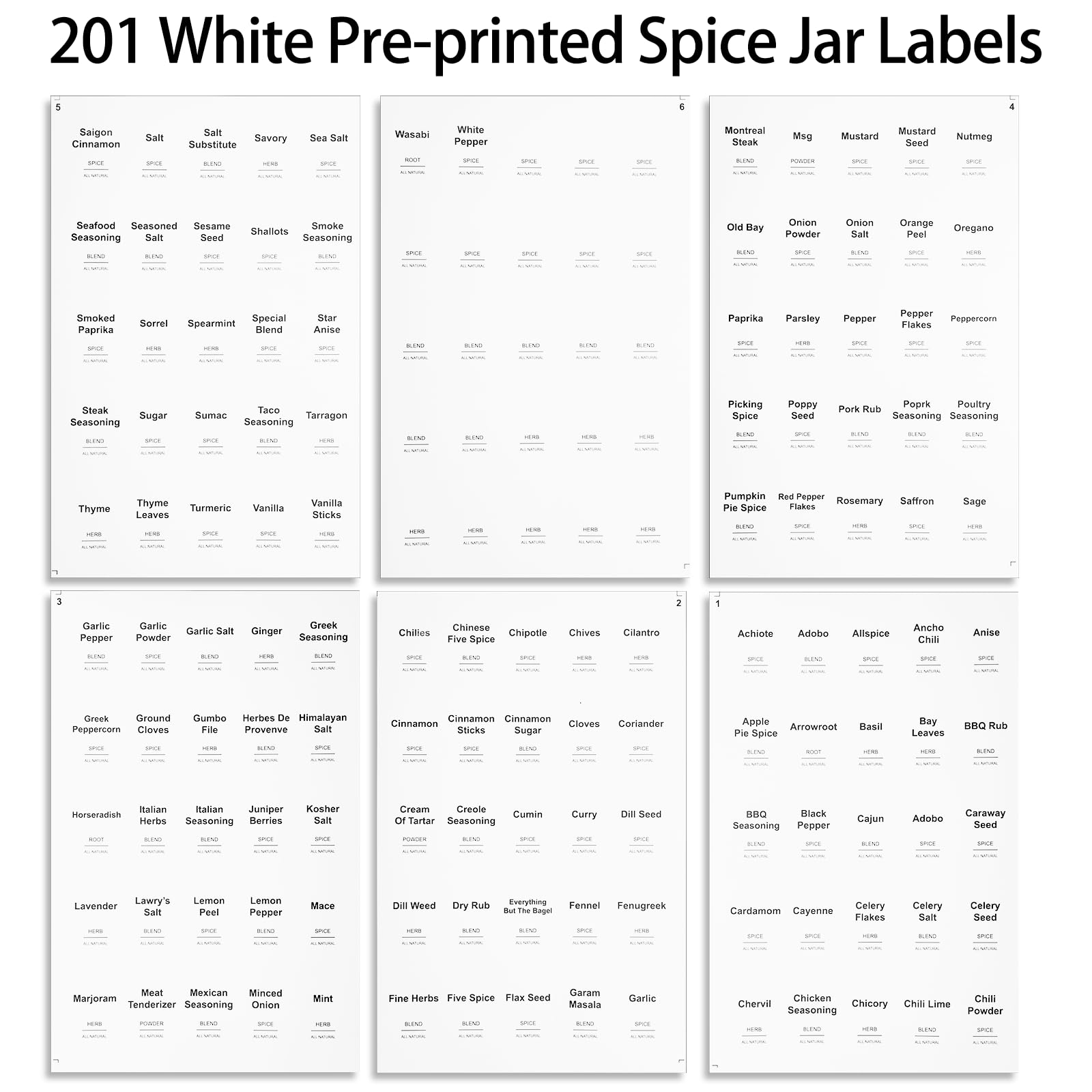 Six large sheets containing spice labels for pantry use