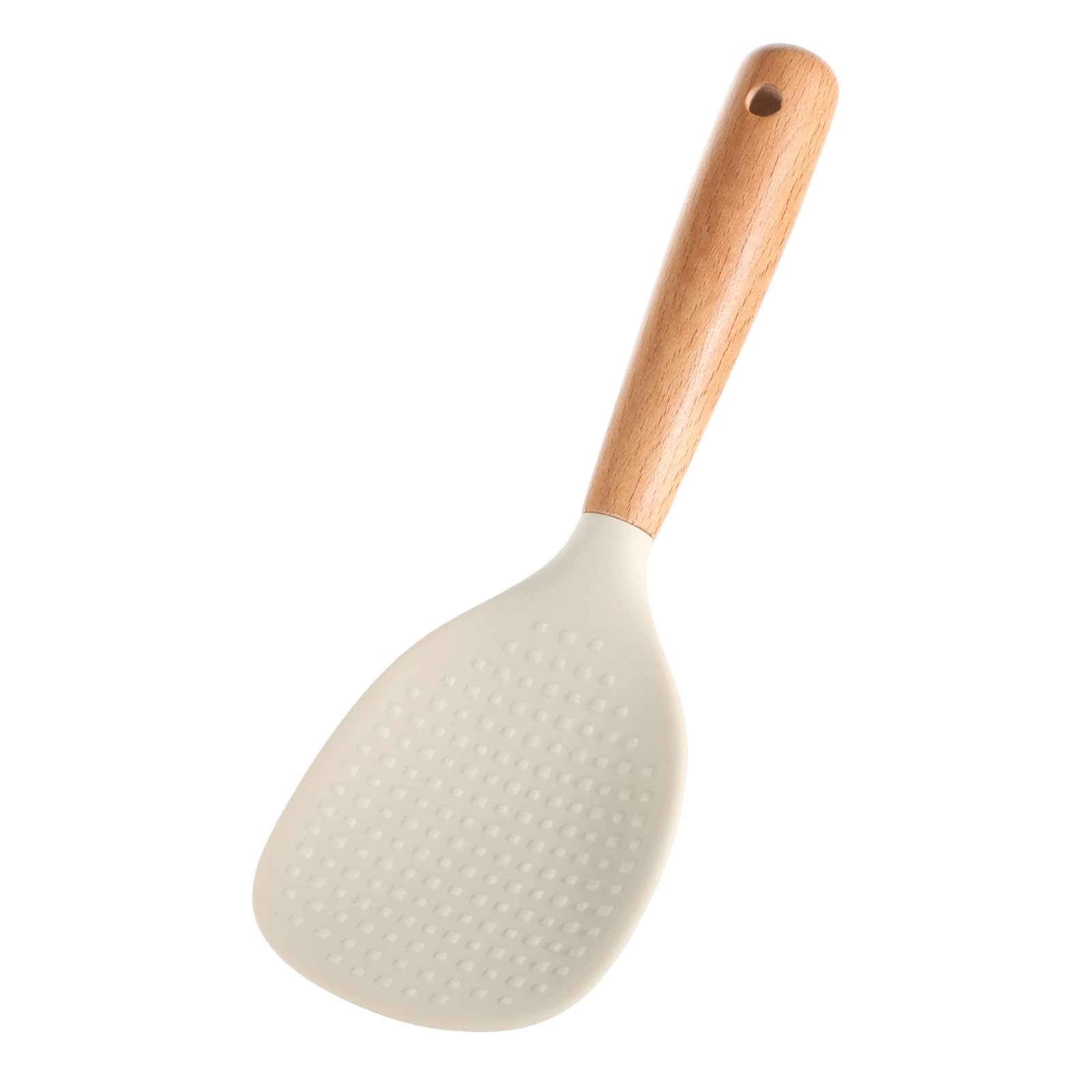 White standing silicone rice spoon with beechwood handle