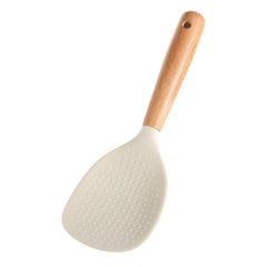 White standing silicone rice spoon with beechwood handle