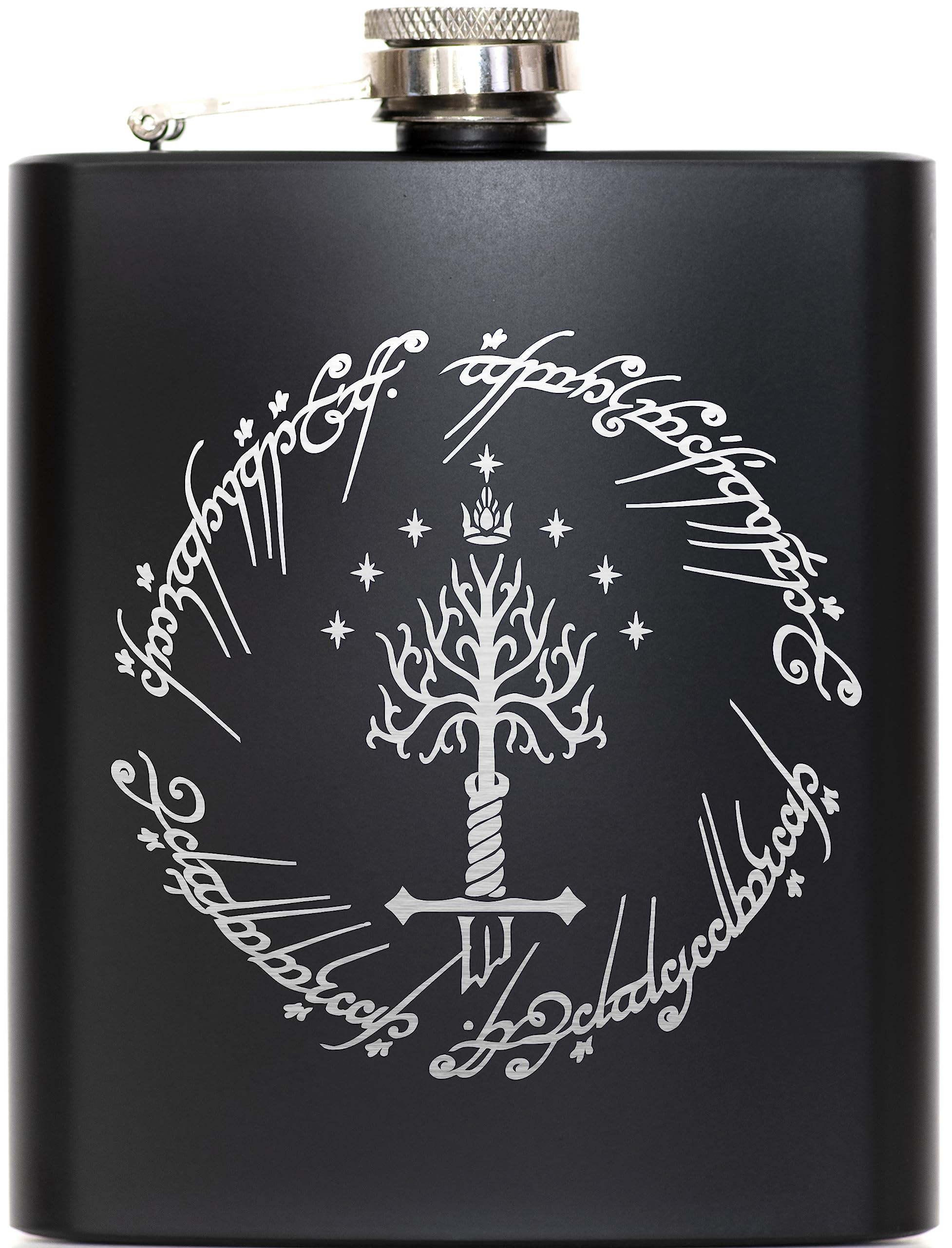 White Tree Black Hip Flask 7oz with One Ring engraving